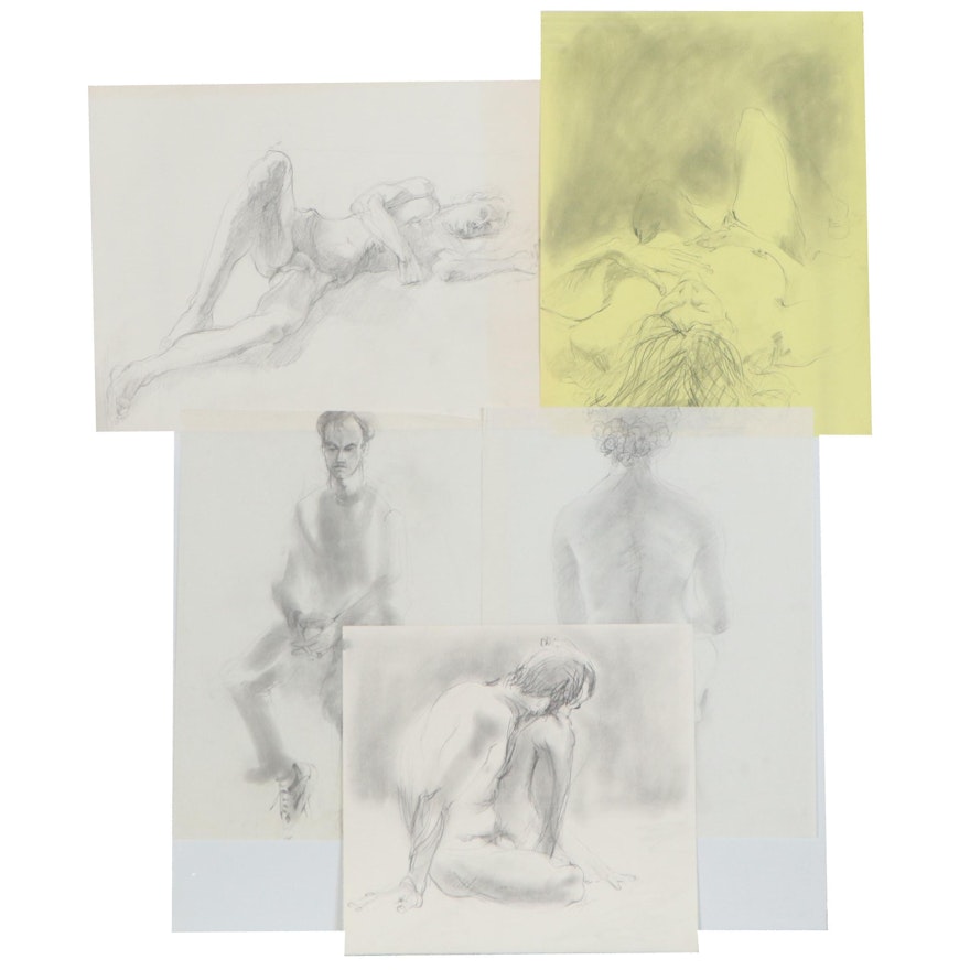 John Tuska Figural Charcoal Drawing, Late 20th Century