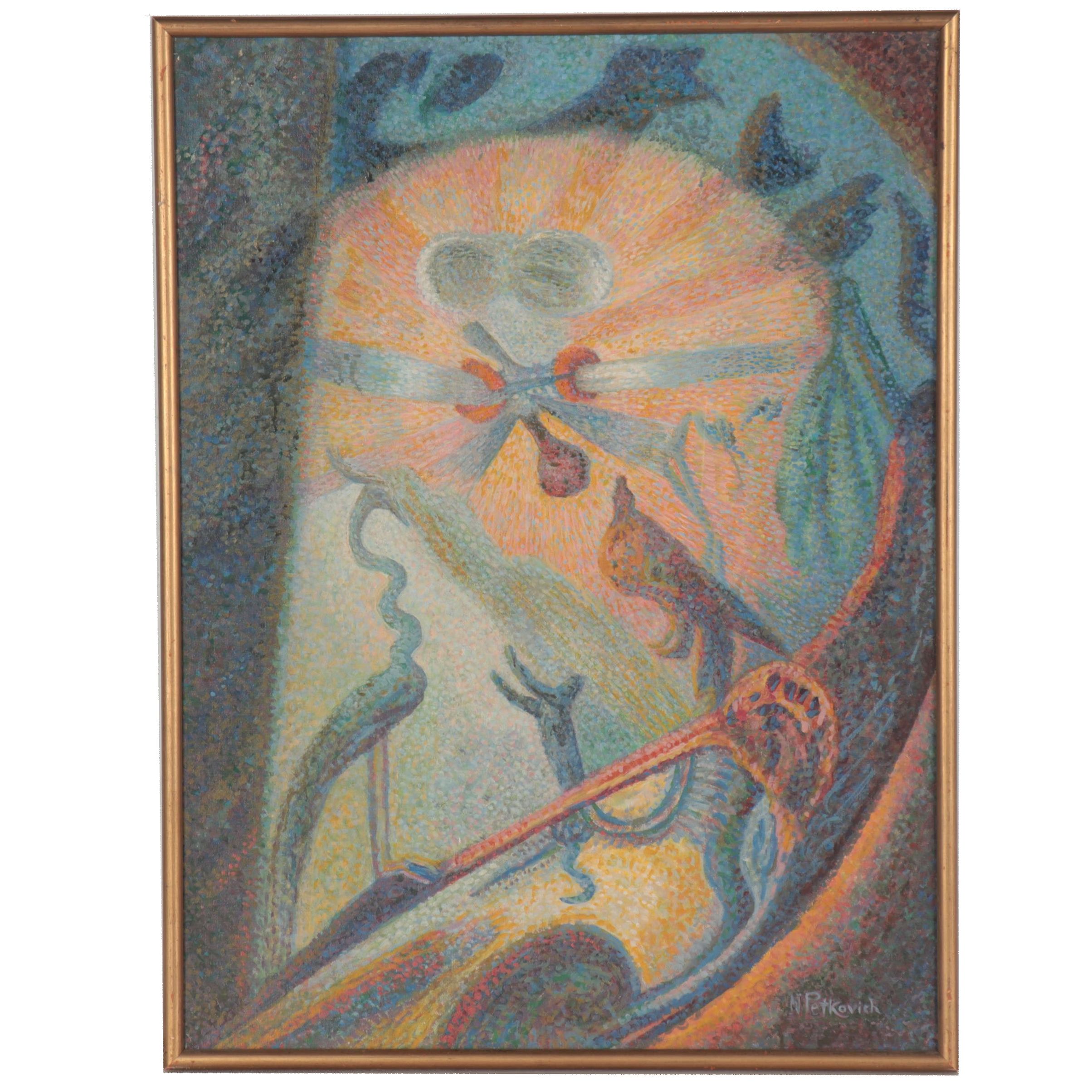 Nicholas Petkovich Surreal Pointillism Style Oil Painting, Mid-20th Century