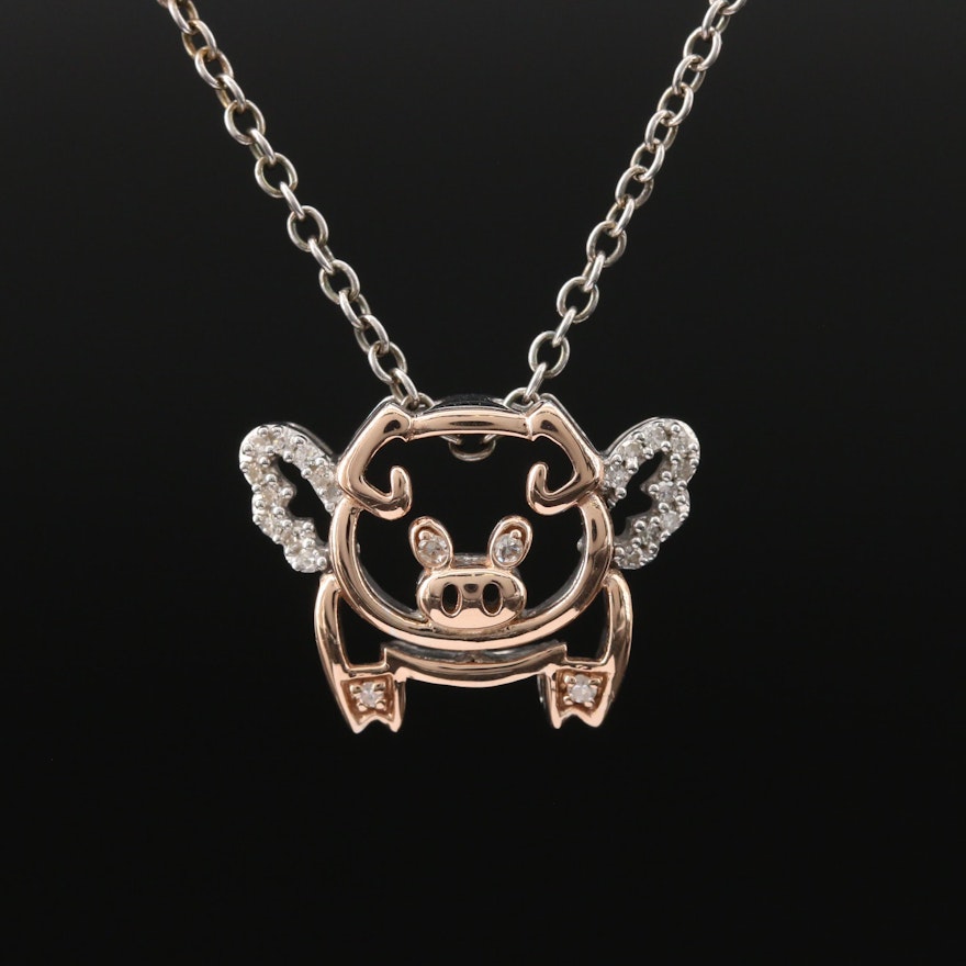 Stering Silver and 14K Rose Gold Diamond Flying Pig Necklace