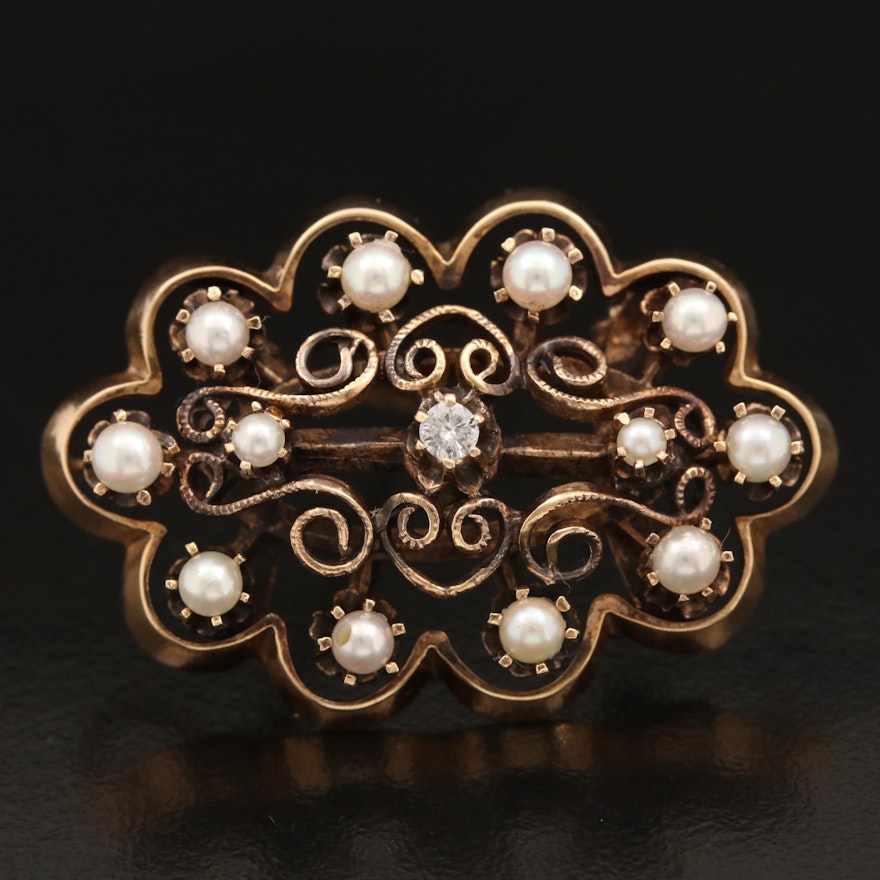 1930s 14K Diamond and Seed Pearl Brooch