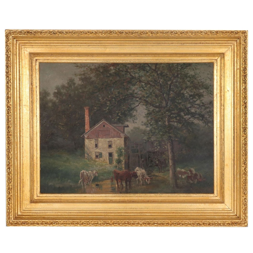 Charles Boizard Pastoral Landscape Oil Painting of Watermill with Cows