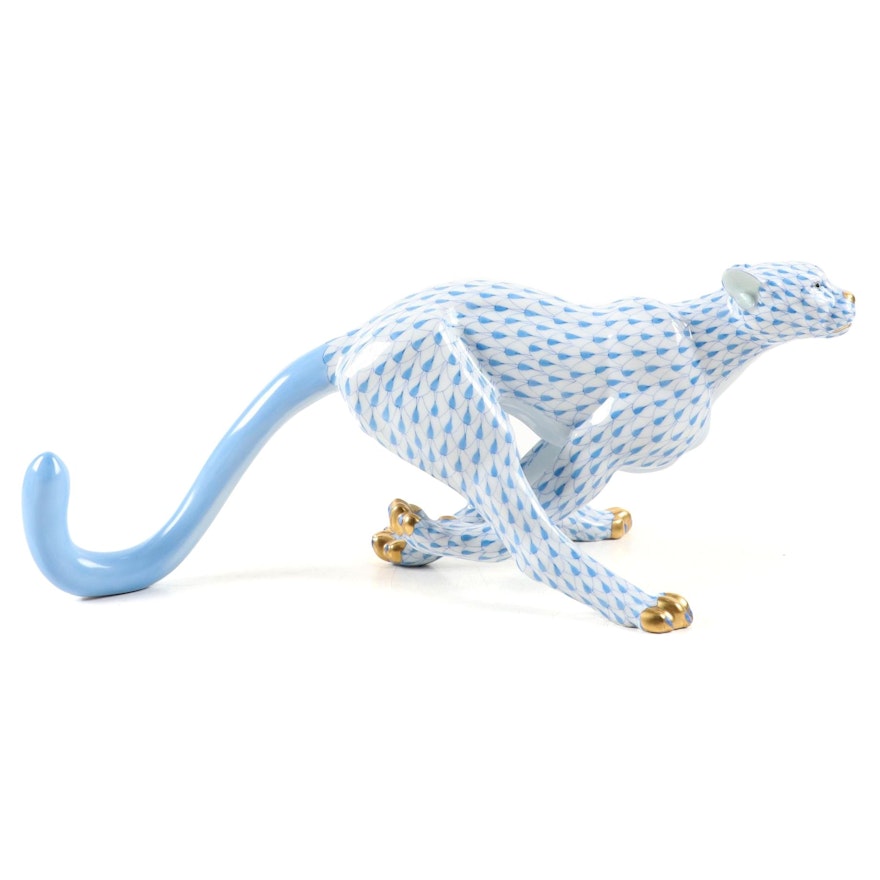 Herend Blue Fishnet with Gold "Large Cheetah" Porcelain Figurine, 2000