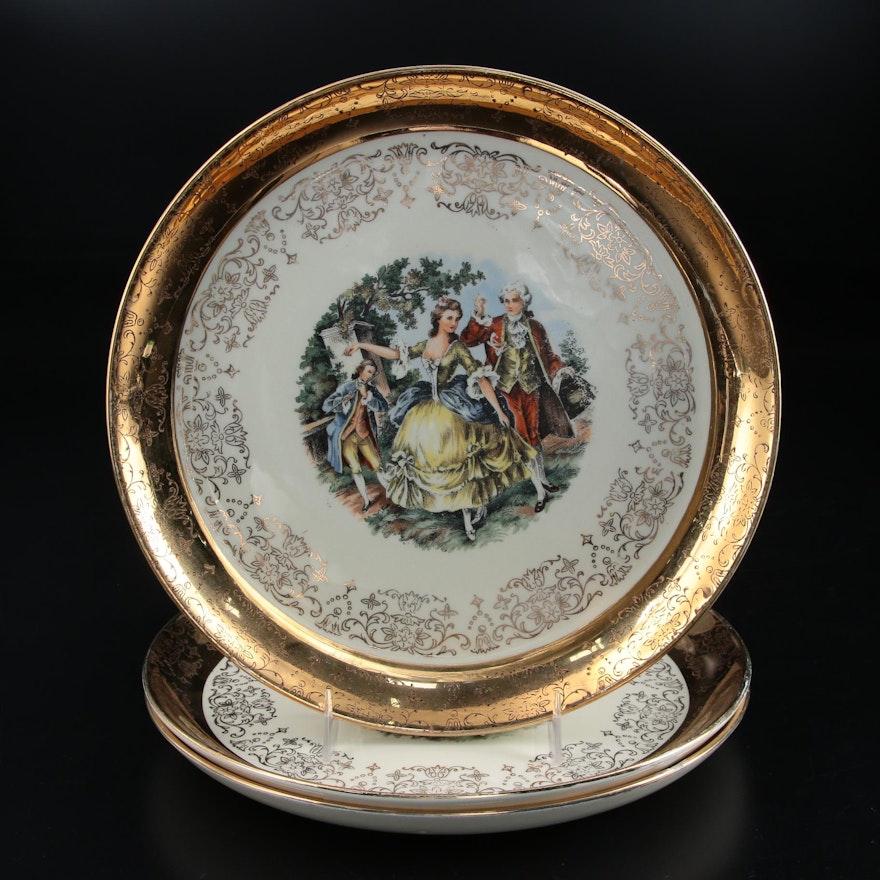 Three Sabin Crest-O-Gold "Colonial Couple" Transferware Plates with 22K Rim