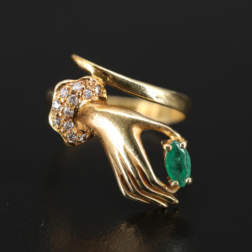 14K Emerald and Diamond Hand Ring