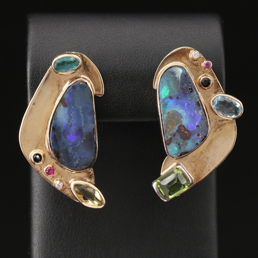 Sterling and 14K Boulder Opal, Diamond and Gemstone Asymmetrical Earrings