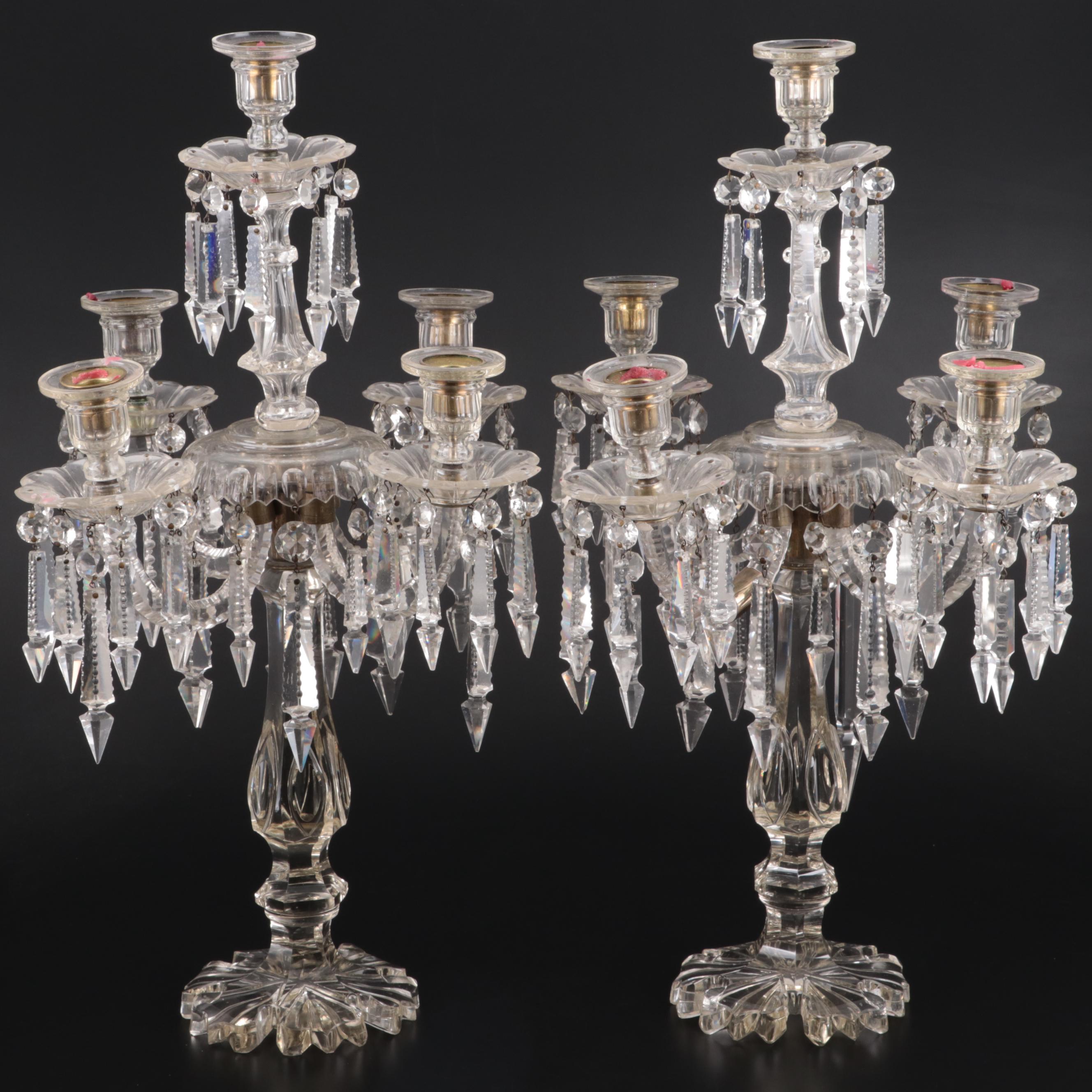 Victorian Five Arm Glass Candelabra with Cut Spear Prisms, Late 19th to 20th C.
