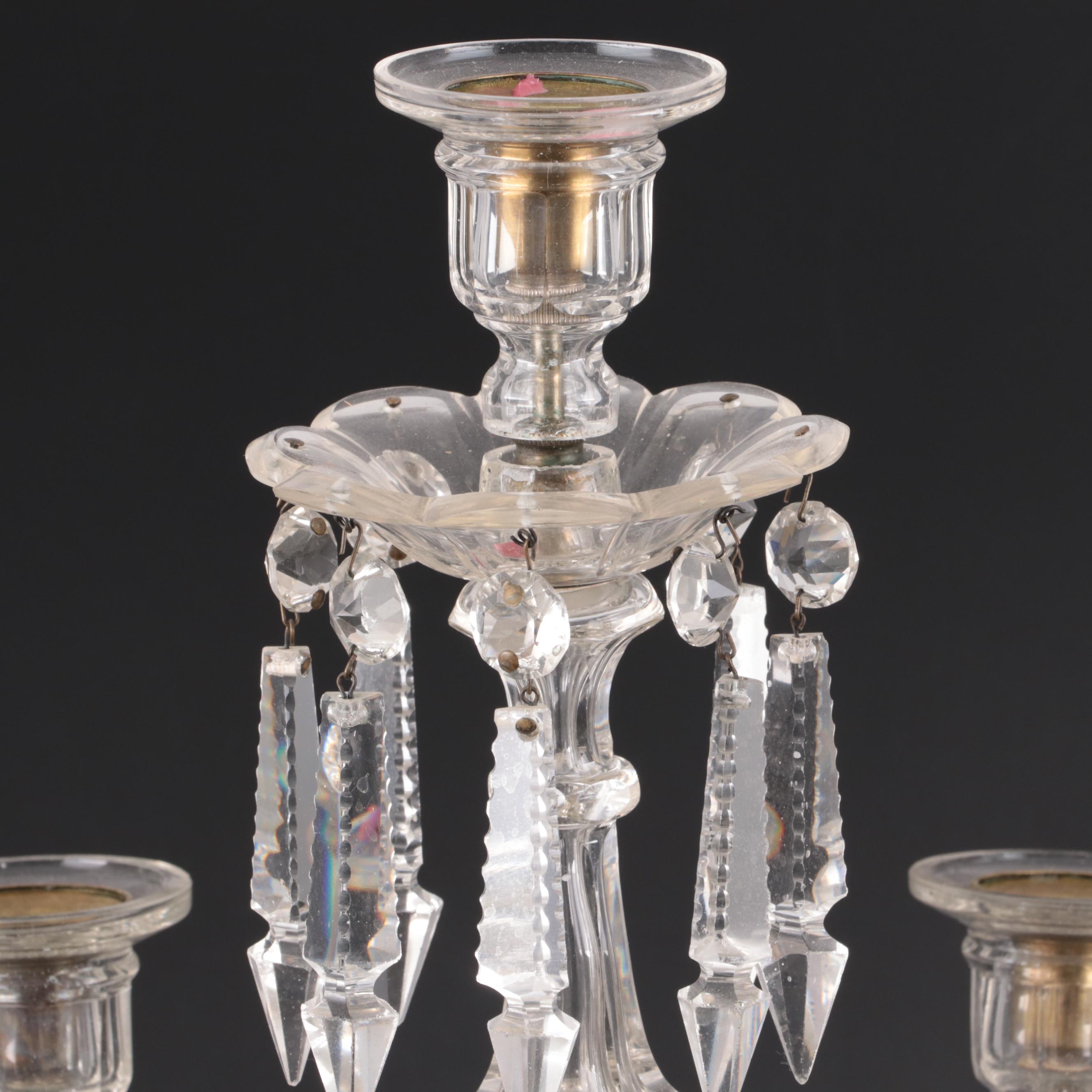 Victorian Five Arm Glass Candelabra with Cut Spear Prisms, Late 19th to 20th C.