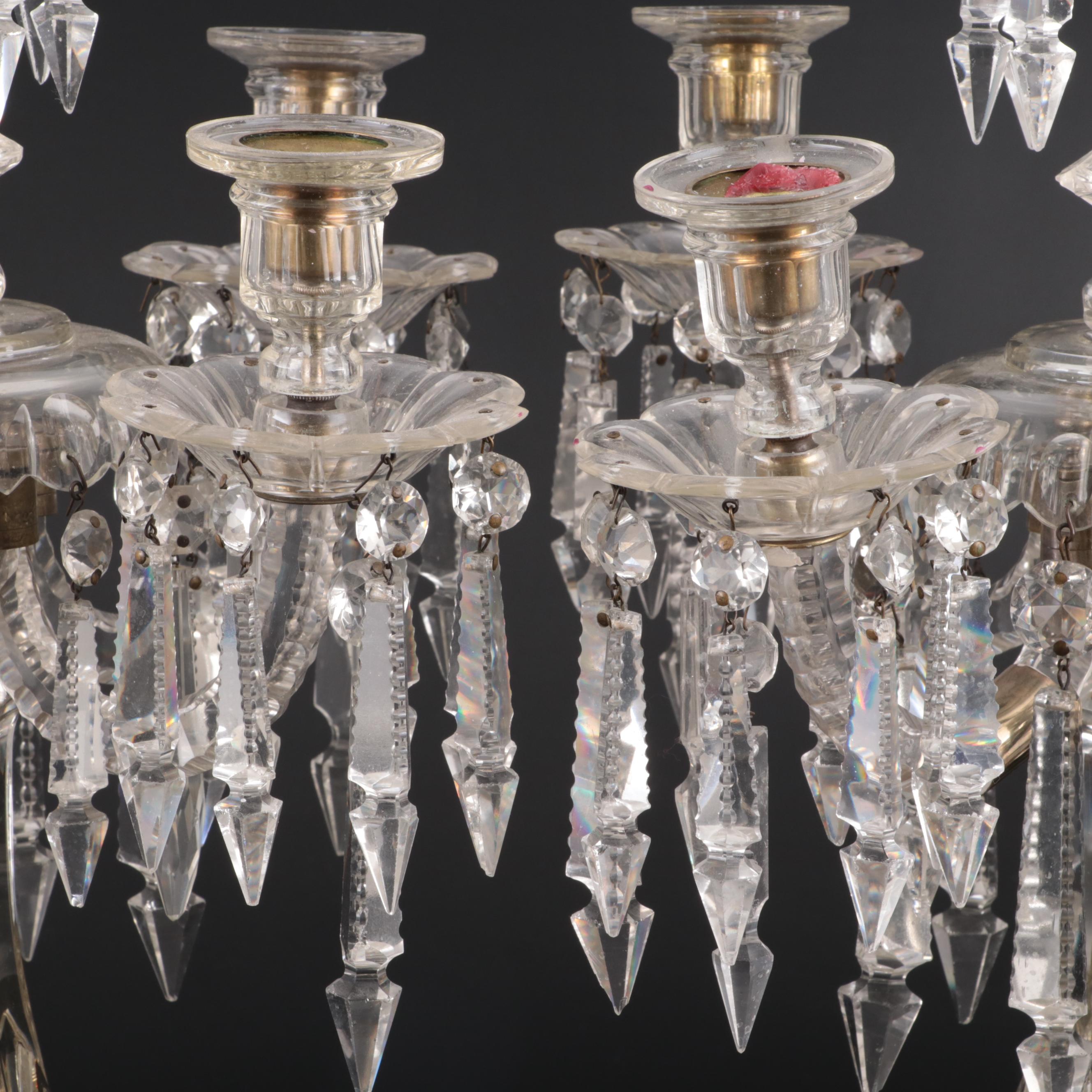 Victorian Five Arm Glass Candelabra with Cut Spear Prisms, Late 19th to 20th C.