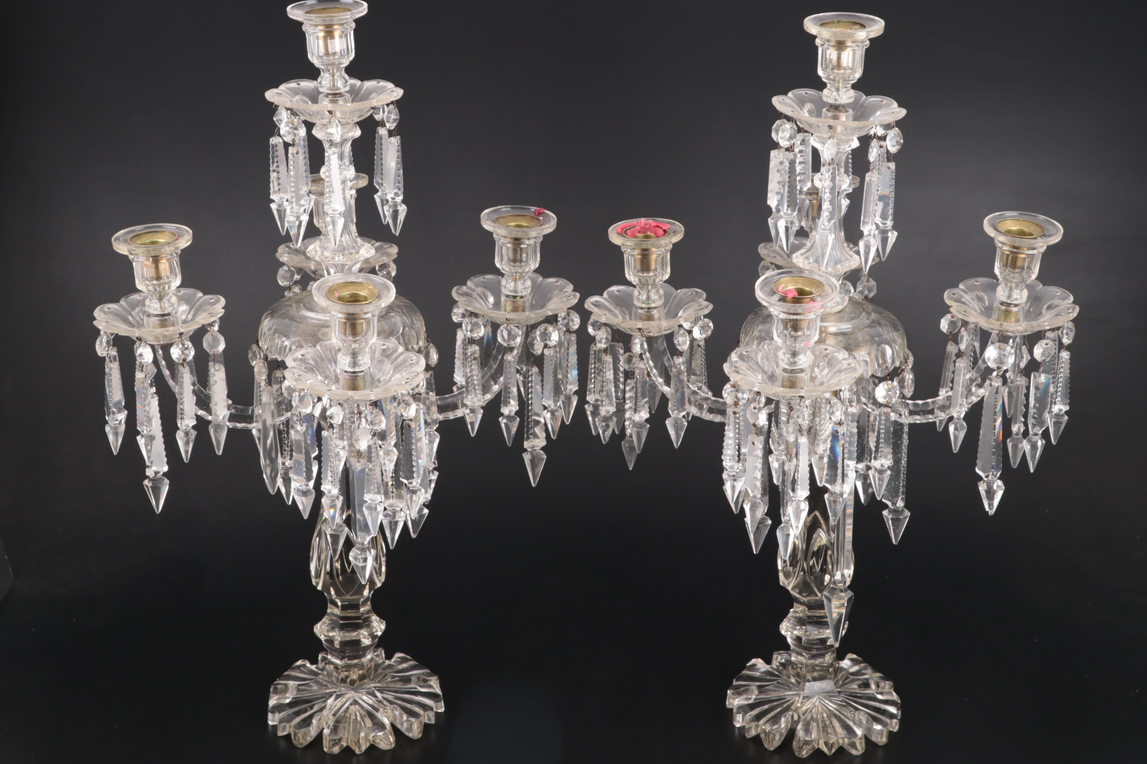 Victorian Five Arm Glass Candelabra with Cut Spear Prisms, Late 19th to 20th C.