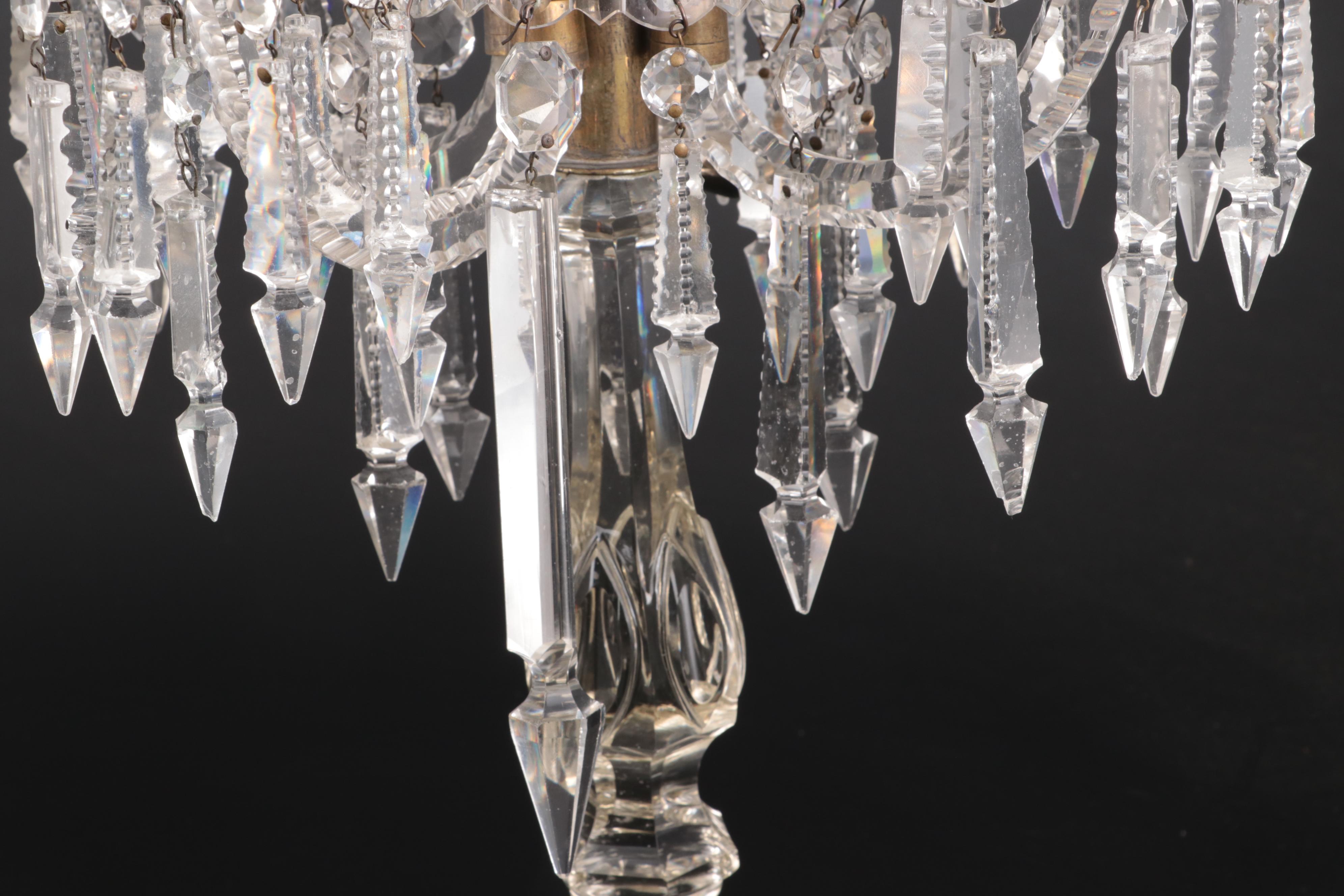 Victorian Five Arm Glass Candelabra with Cut Spear Prisms, Late 19th to 20th C.