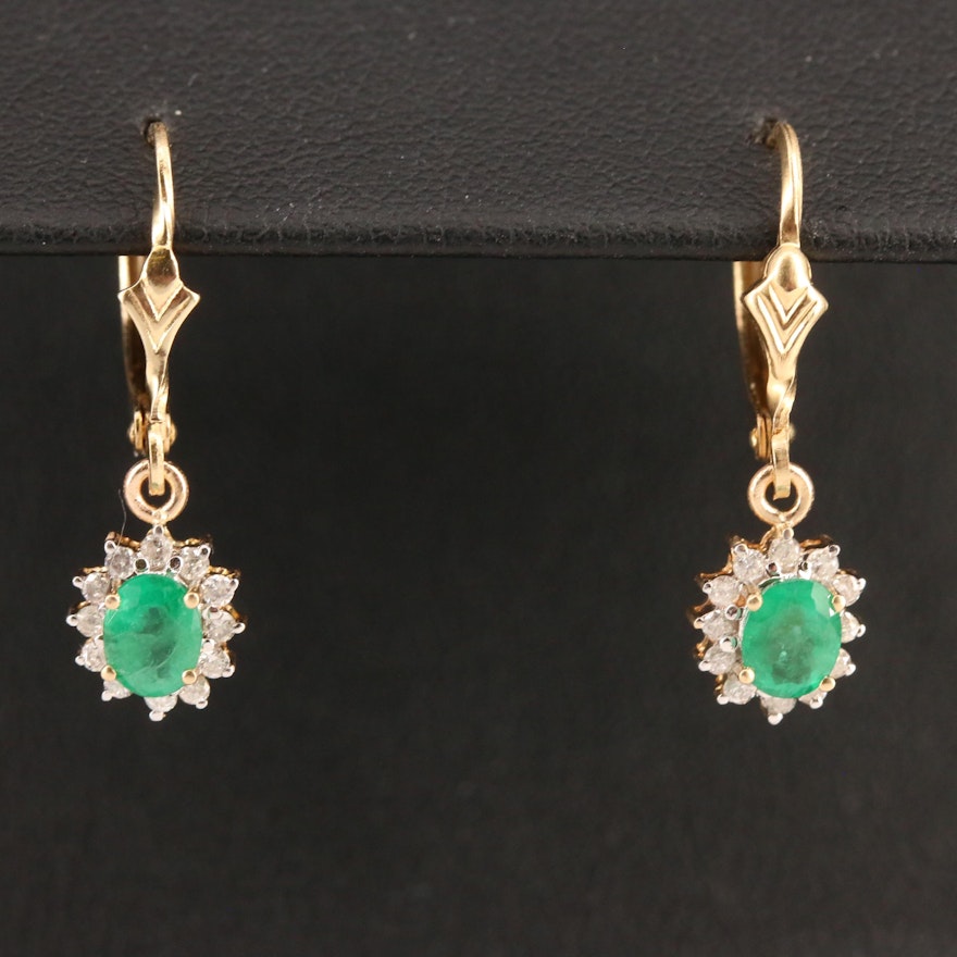 14K Emerald and Diamond Dangle Earrings