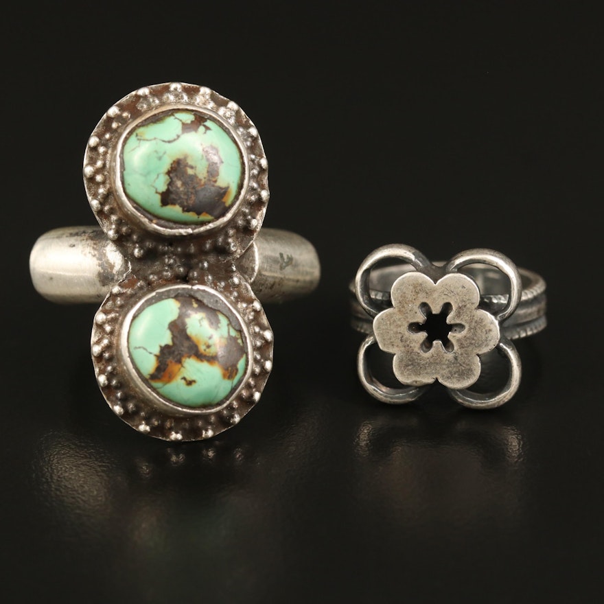 Sterling Flower and 900 Silver Turquoise Rings