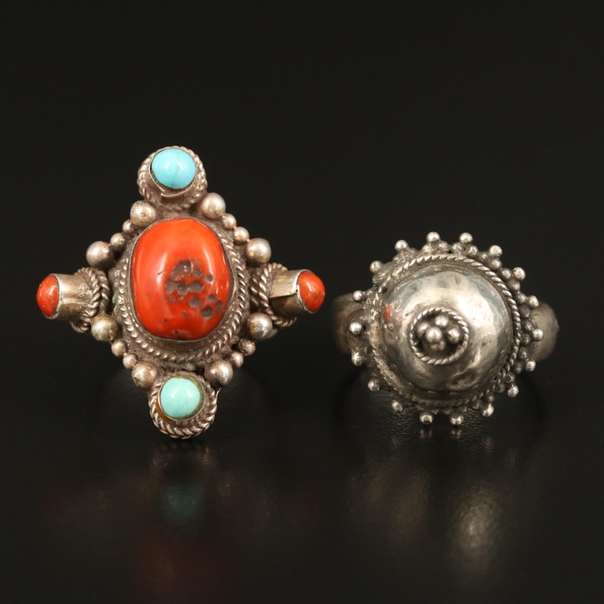 Tibetan Sterling Coral and Turquoise Ring with 850 Silver Dome Ring