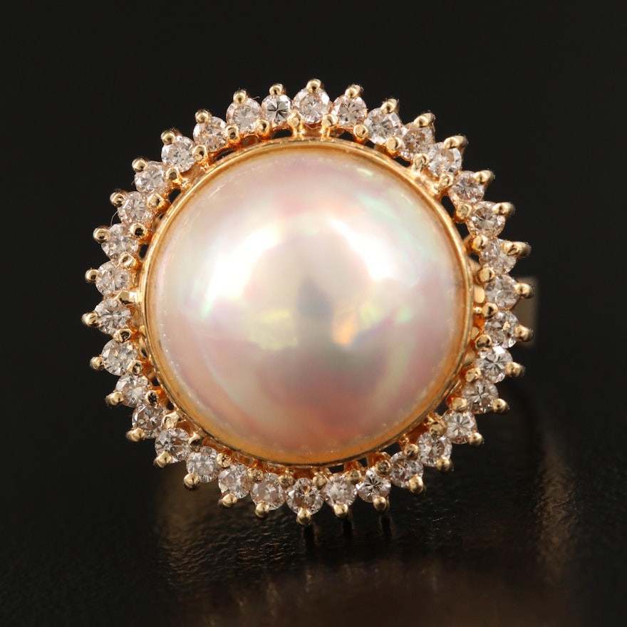 14K 13.00 mm Round Mabé Pearl and Diamond Ring