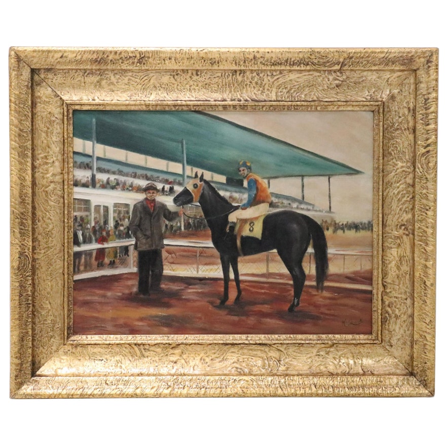 Derby Scene Oil Painting of Jockey, Horse, and Owner