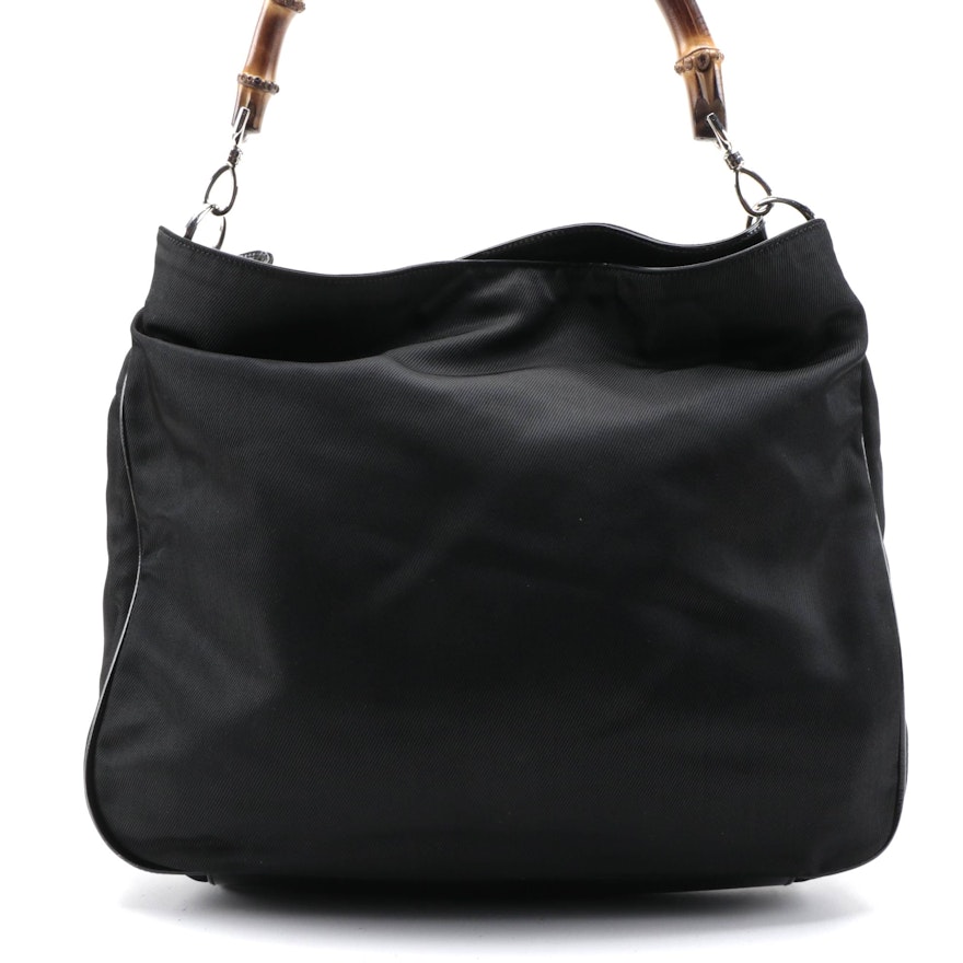 Gucci Bamboo Handle  Two-Way Shoulder Bag in Black Nylon