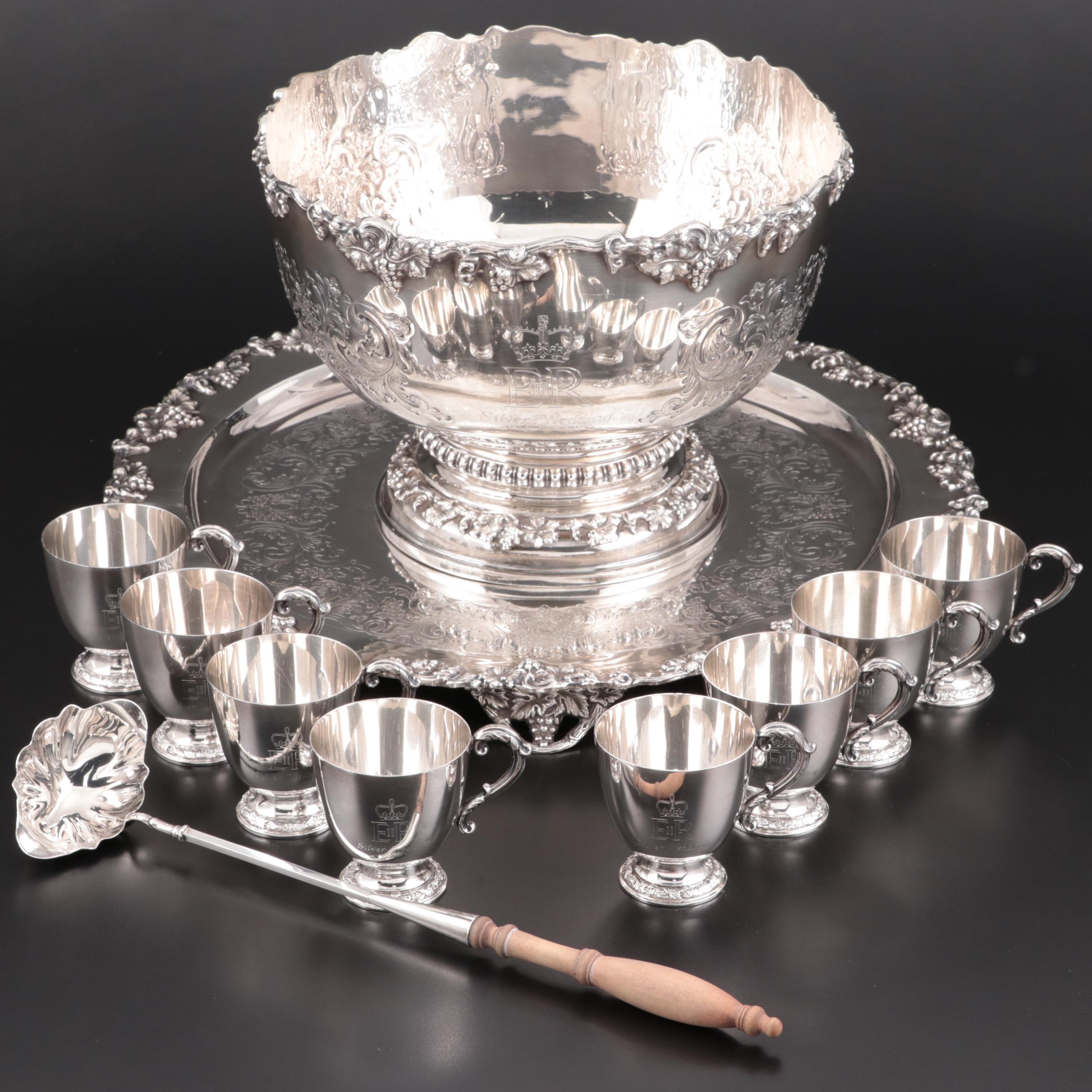 Garrard & Co. Sterling Silver Elizabeth II Wedding Anniversary Punch Set, 1972