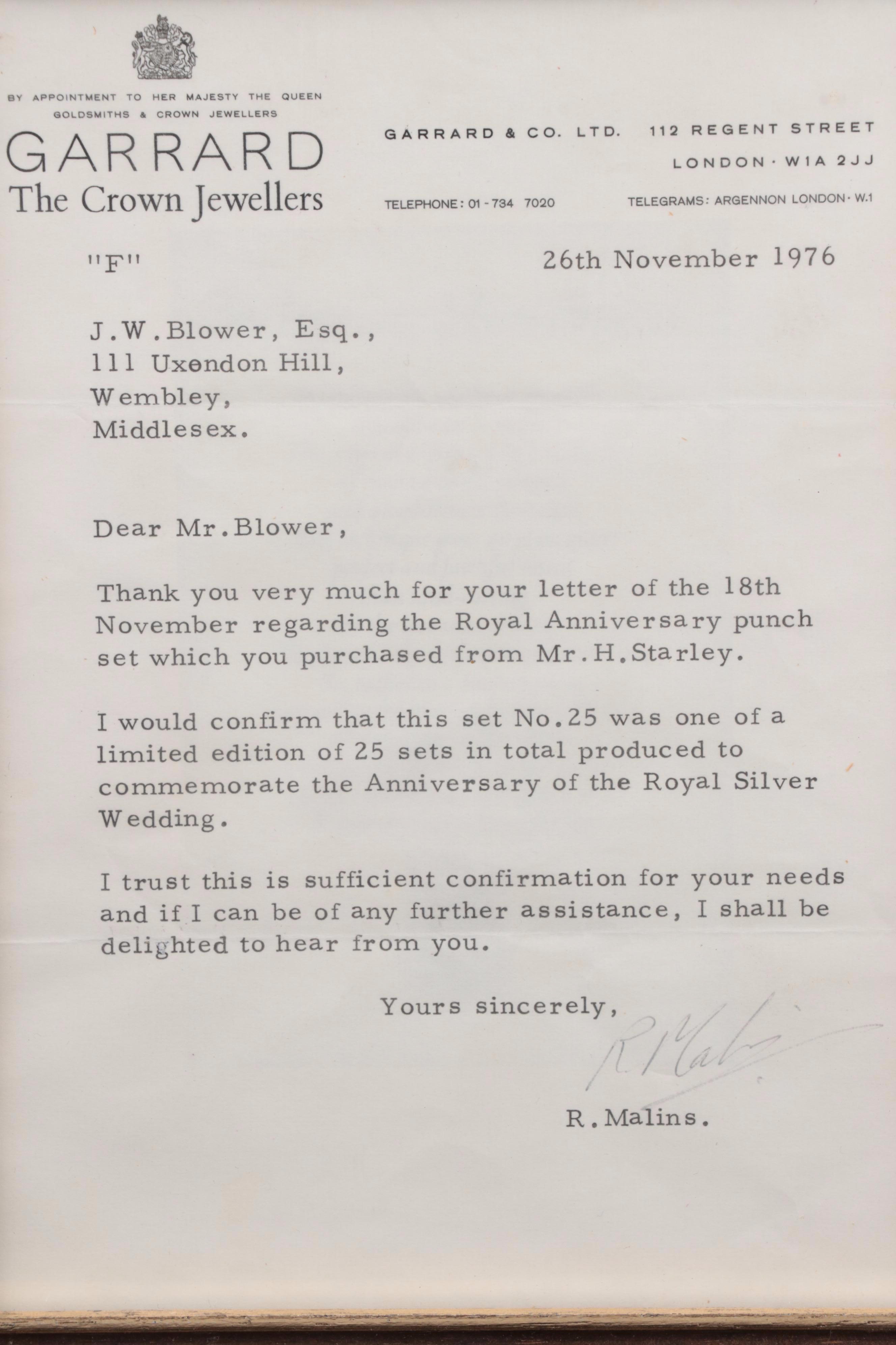 Garrard & Co. Sterling Silver Elizabeth II Wedding Anniversary Punch Set, 1972