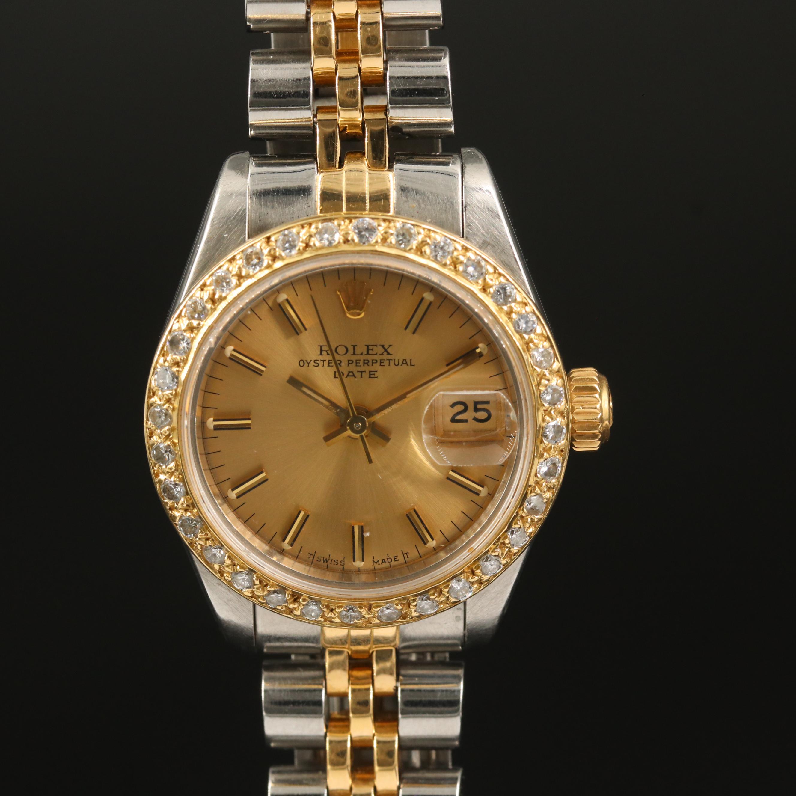 1985 Rolex Date Diamond Bezel 18K Gold and Stainless Steel Automatic Watch
