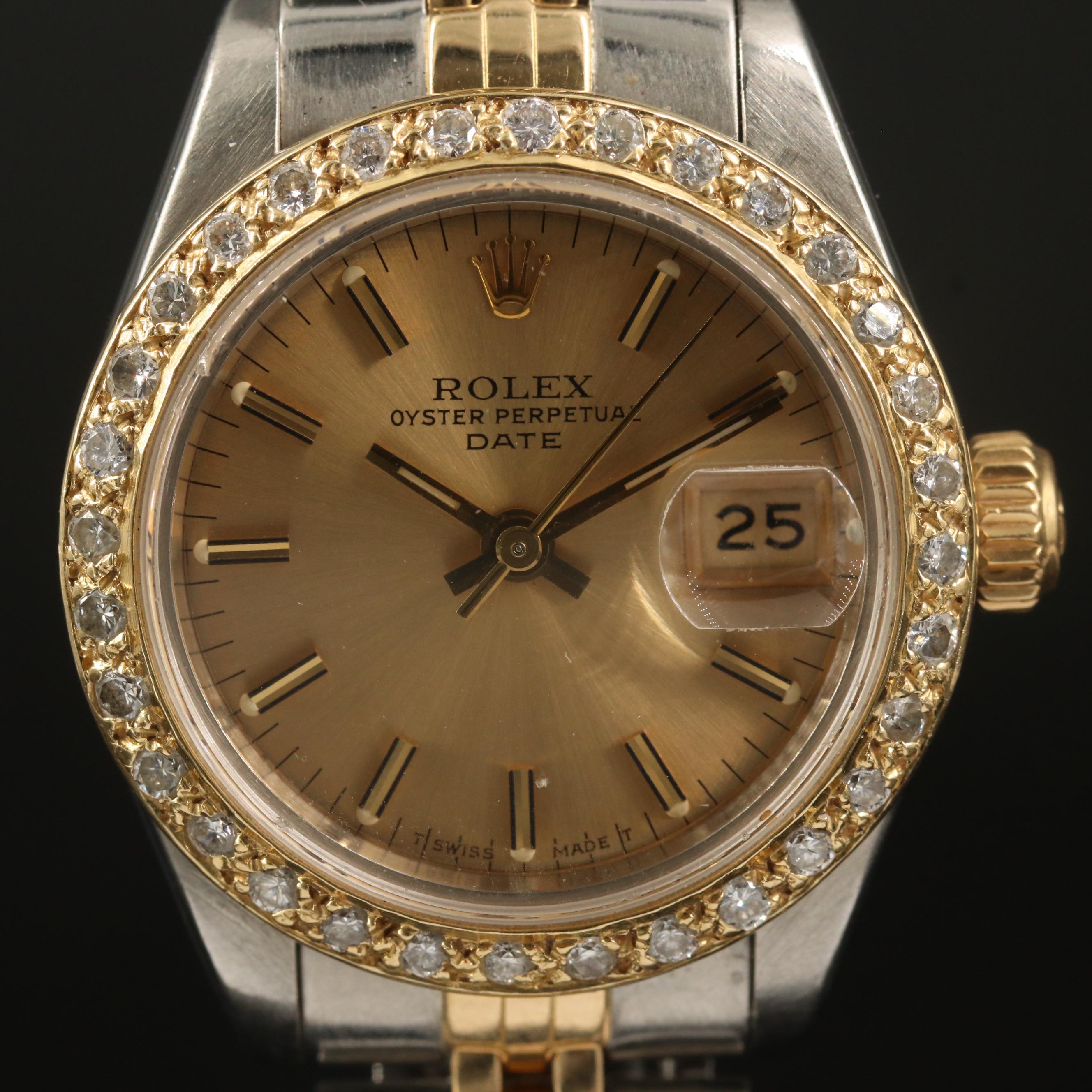 1985 Rolex Date Diamond Bezel 18K Gold and Stainless Steel Automatic Watch