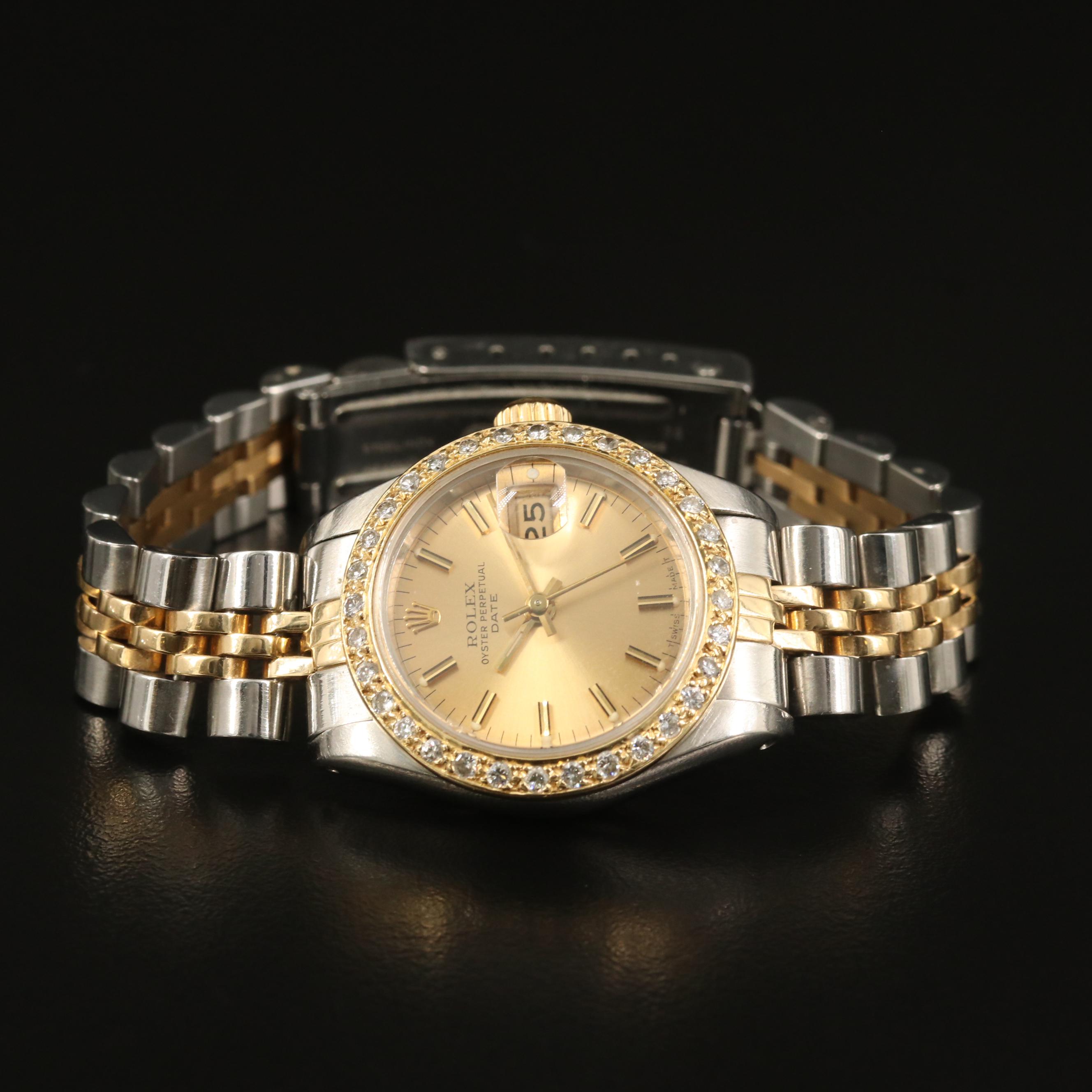1985 Rolex Date Diamond Bezel 18K Gold and Stainless Steel Automatic Watch