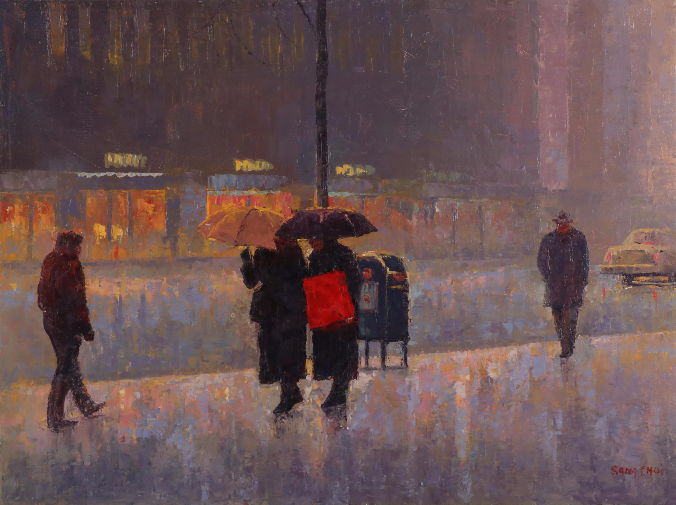 Sang Choi Impressionist Oil Painting of City Street in Rain