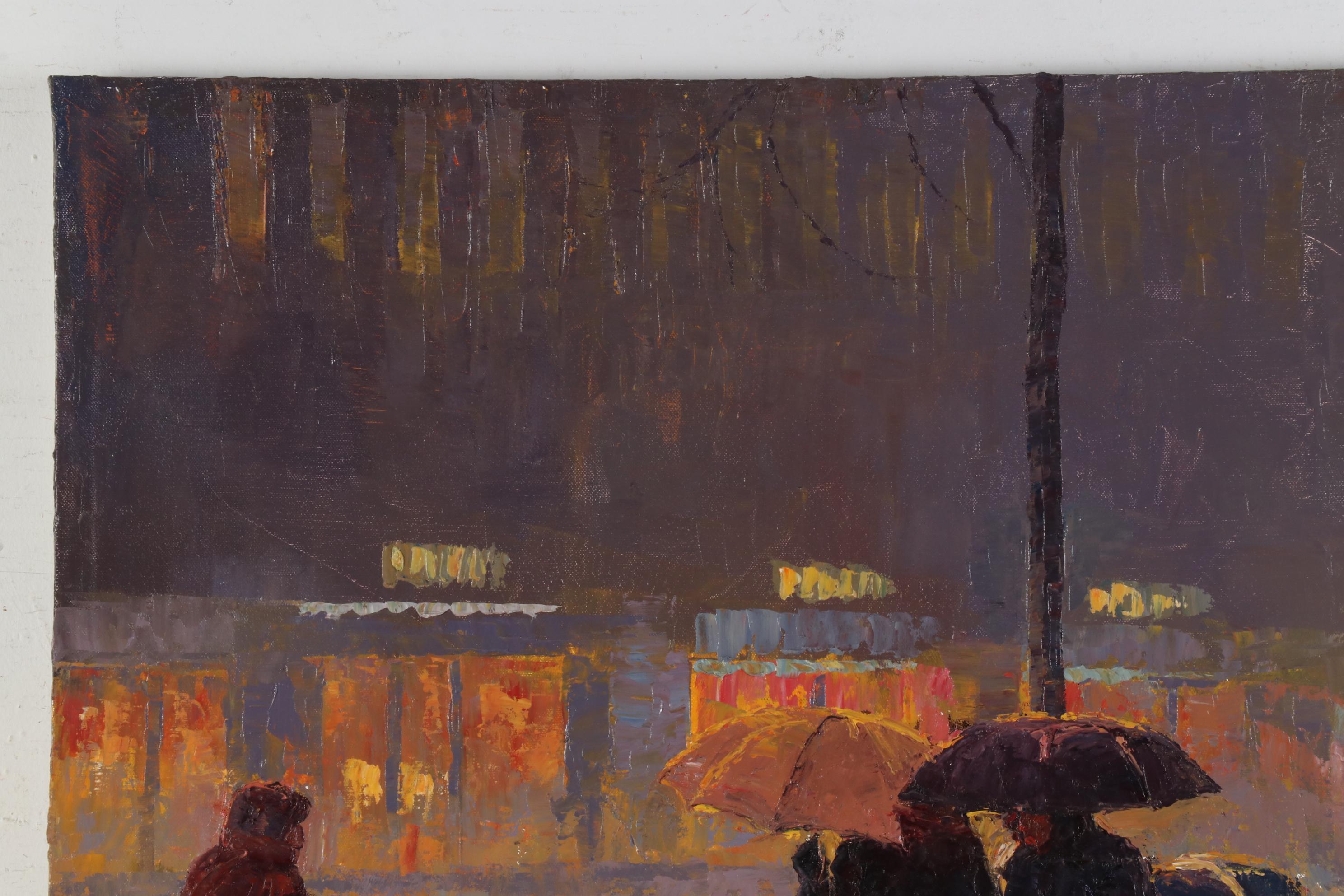 Sang Choi Impressionist Oil Painting of City Street in Rain