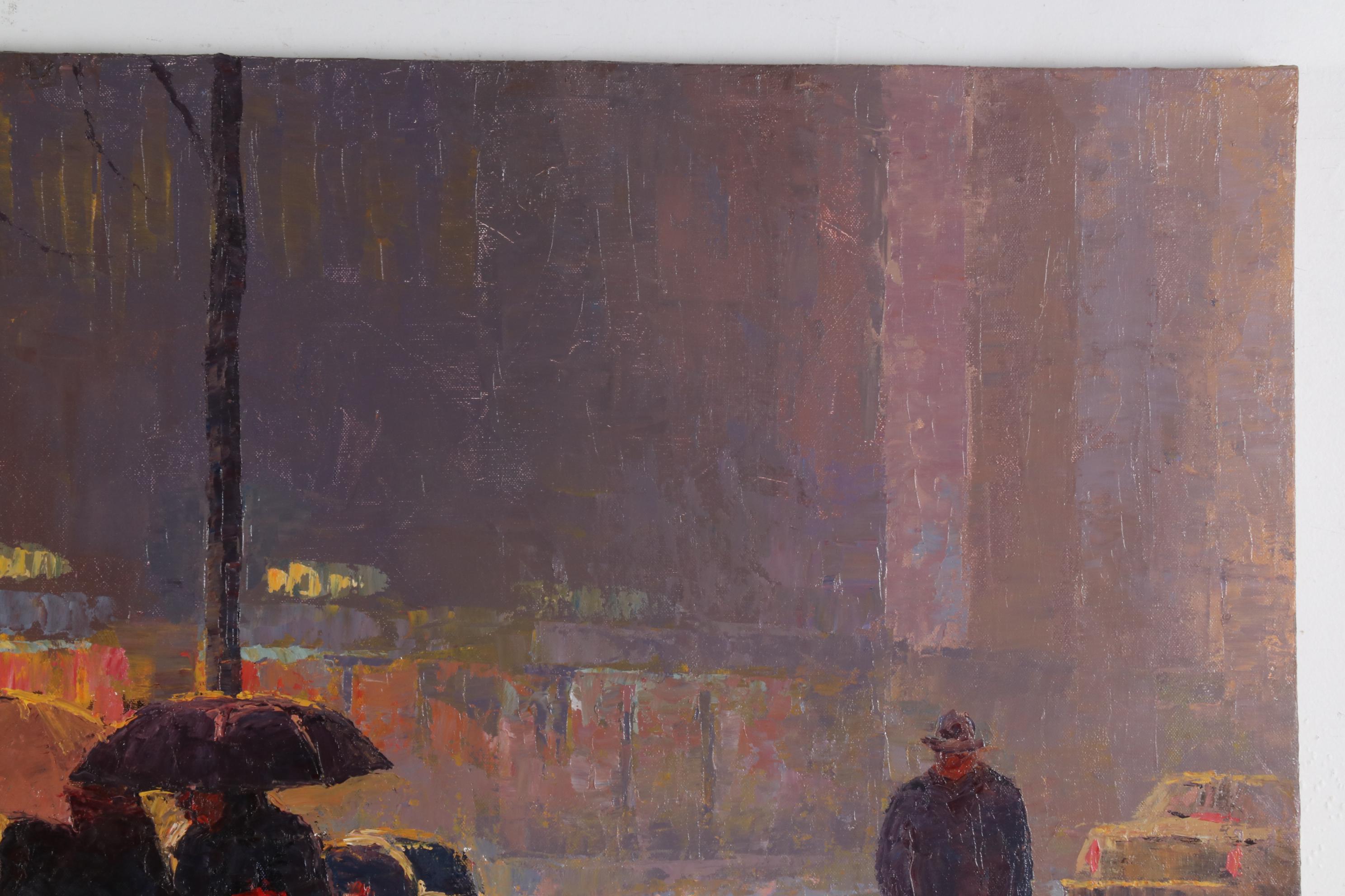 Sang Choi Impressionist Oil Painting of City Street in Rain