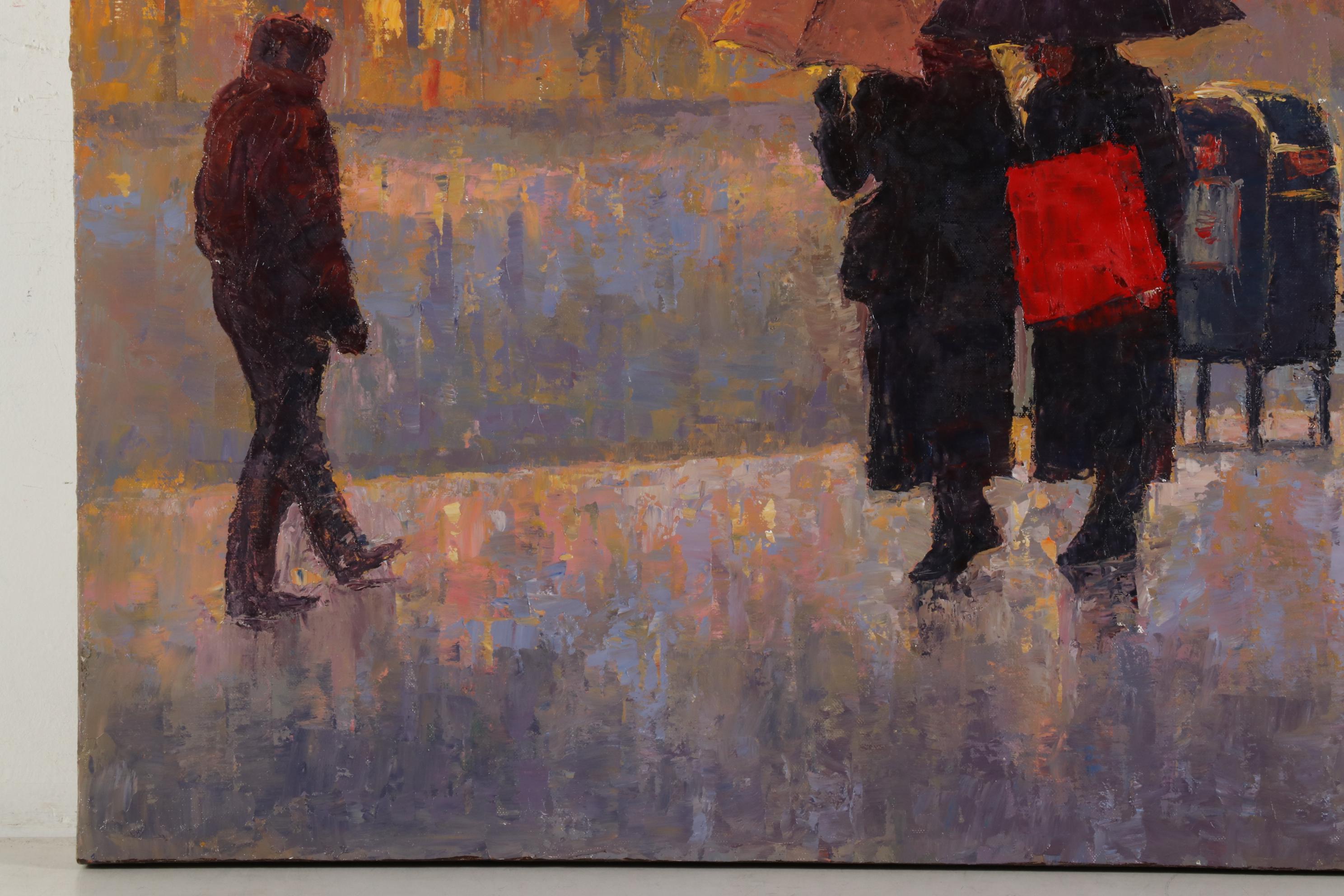 Sang Choi Impressionist Oil Painting of City Street in Rain