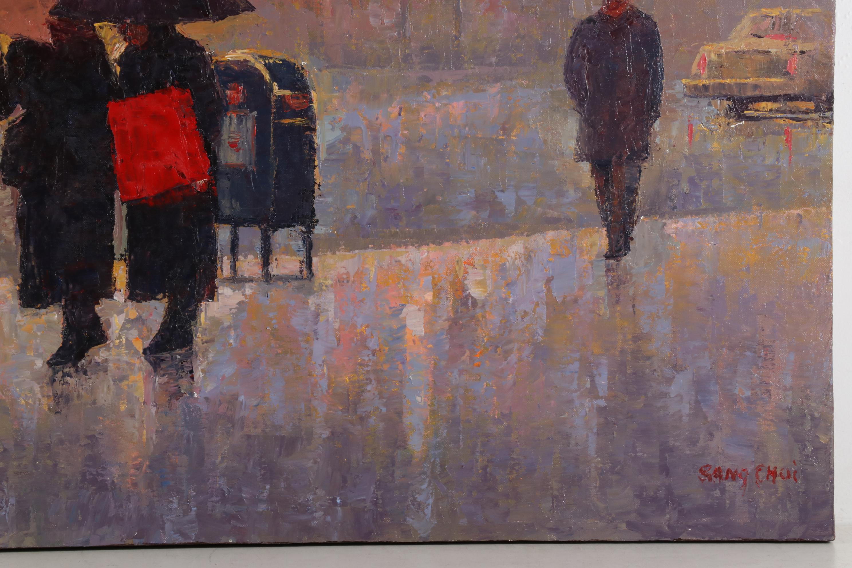 Sang Choi Impressionist Oil Painting of City Street in Rain
