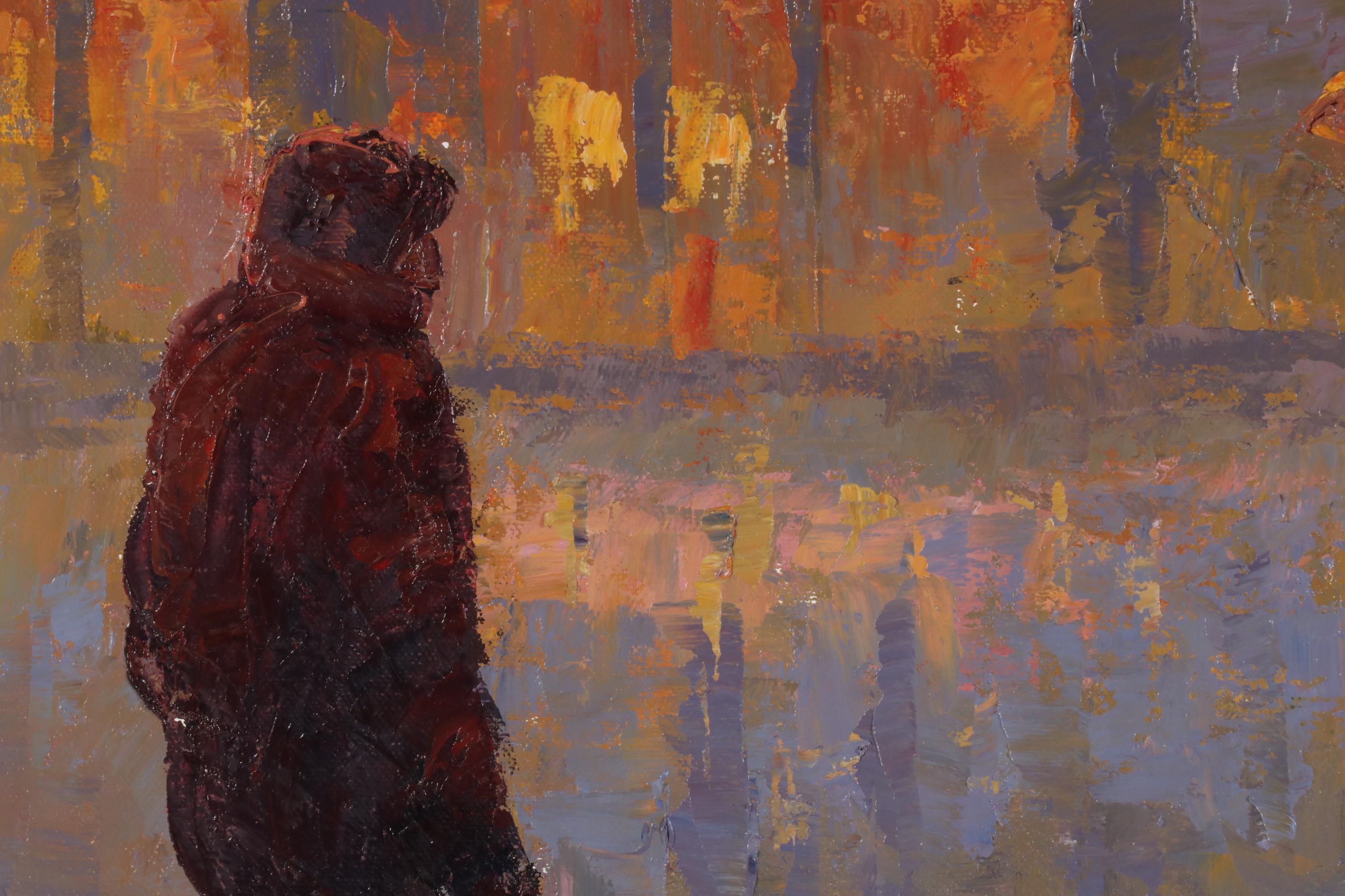 Sang Choi Impressionist Oil Painting of City Street in Rain