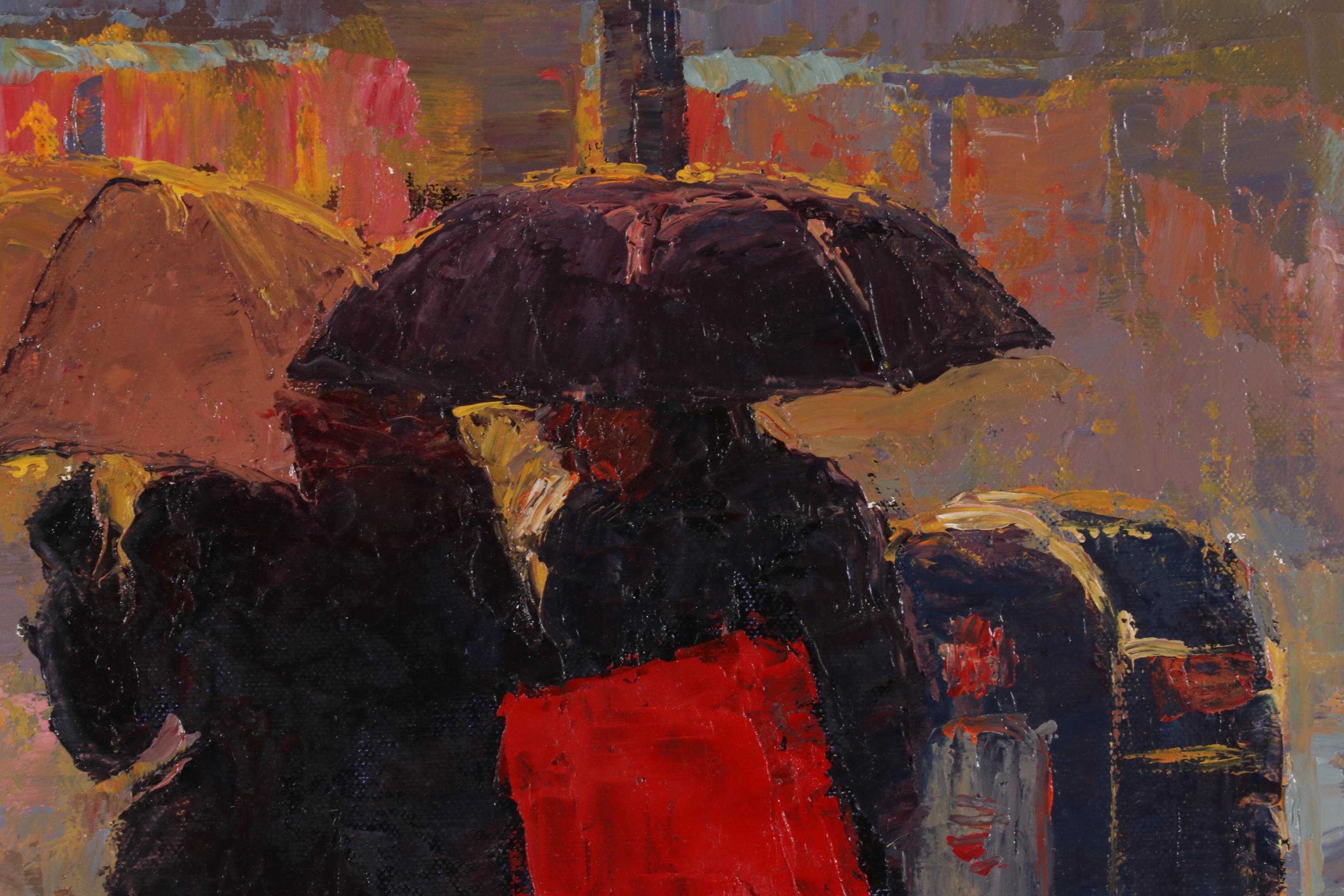 Sang Choi Impressionist Oil Painting of City Street in Rain