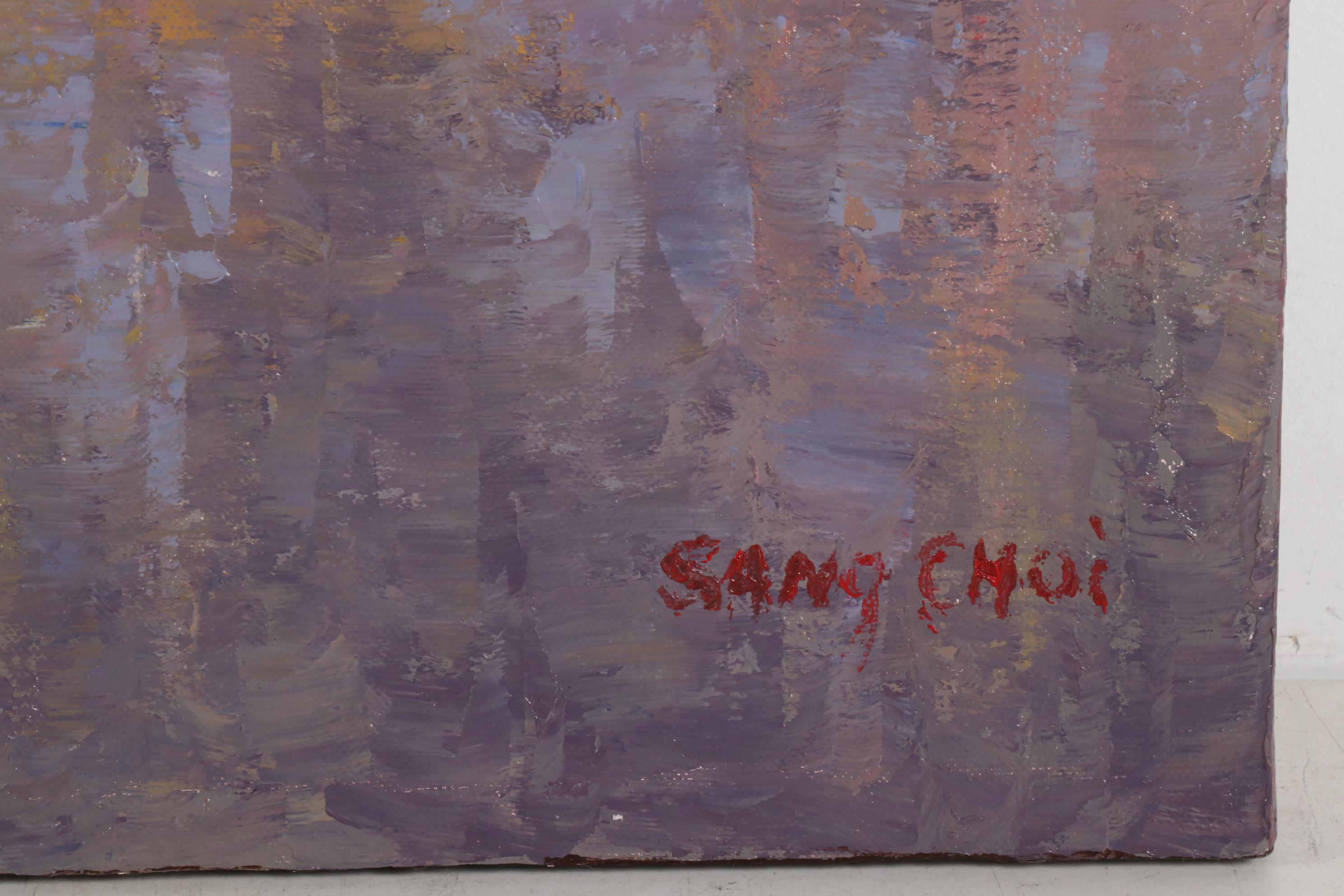 Sang Choi Impressionist Oil Painting of City Street in Rain