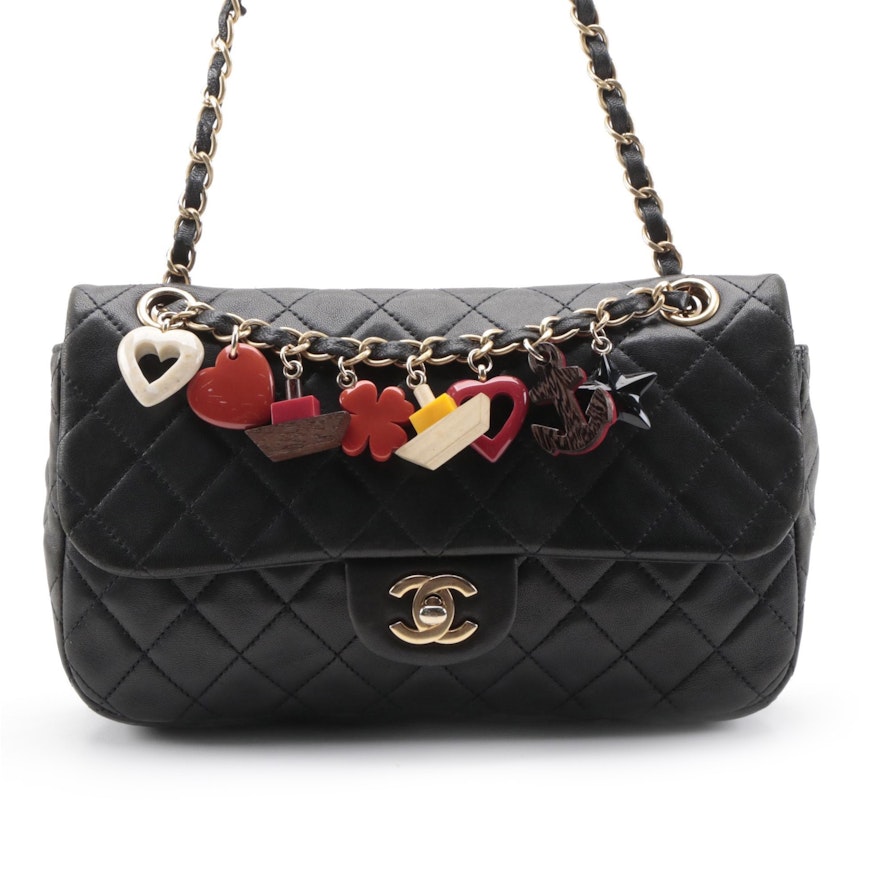 Chanel Quilted Cruise Charm Single Flap Bag in Black Lambskin Leather