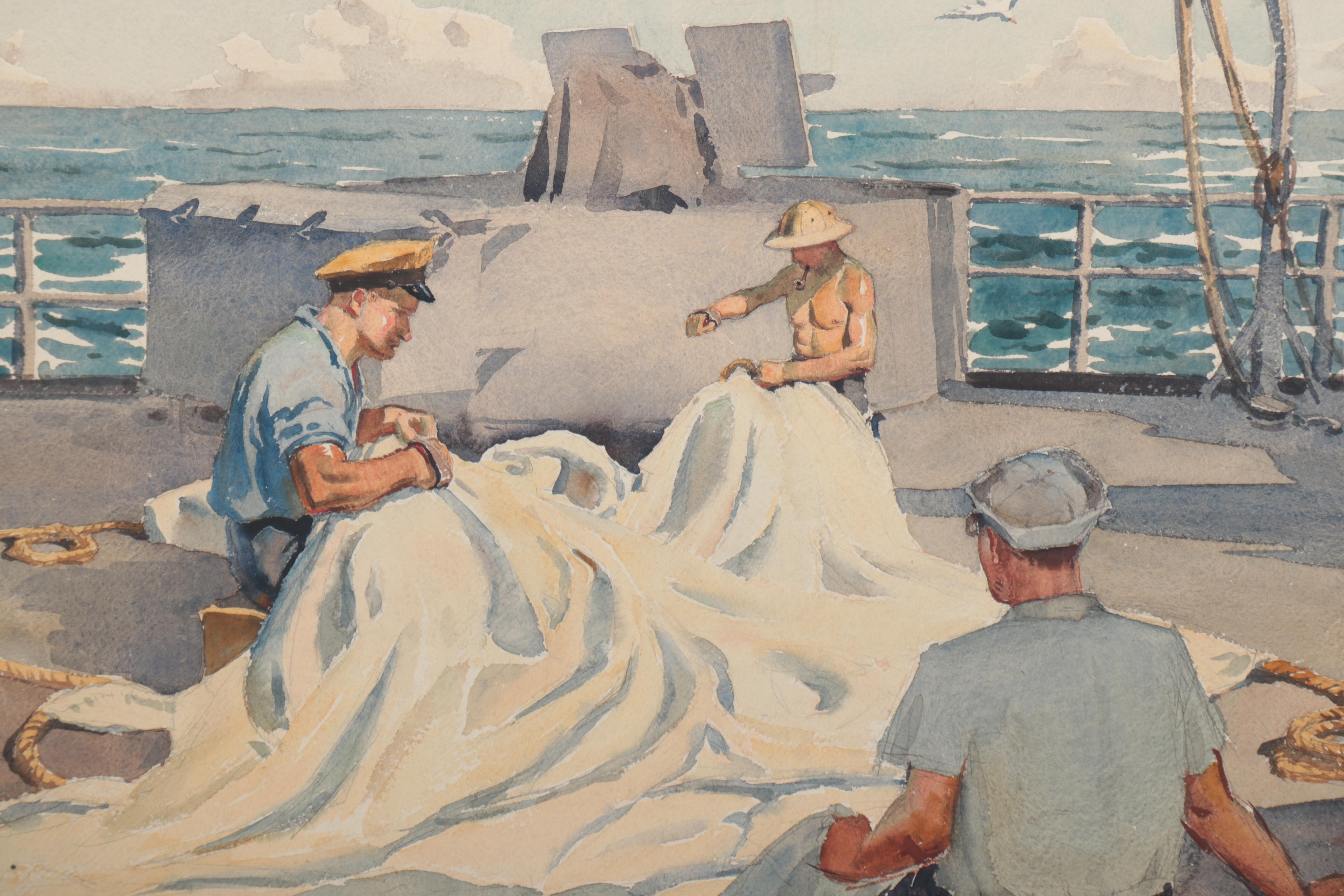 Edmond J. Fitzgerald Watercolor Painting "Board Ship WWII," 1945