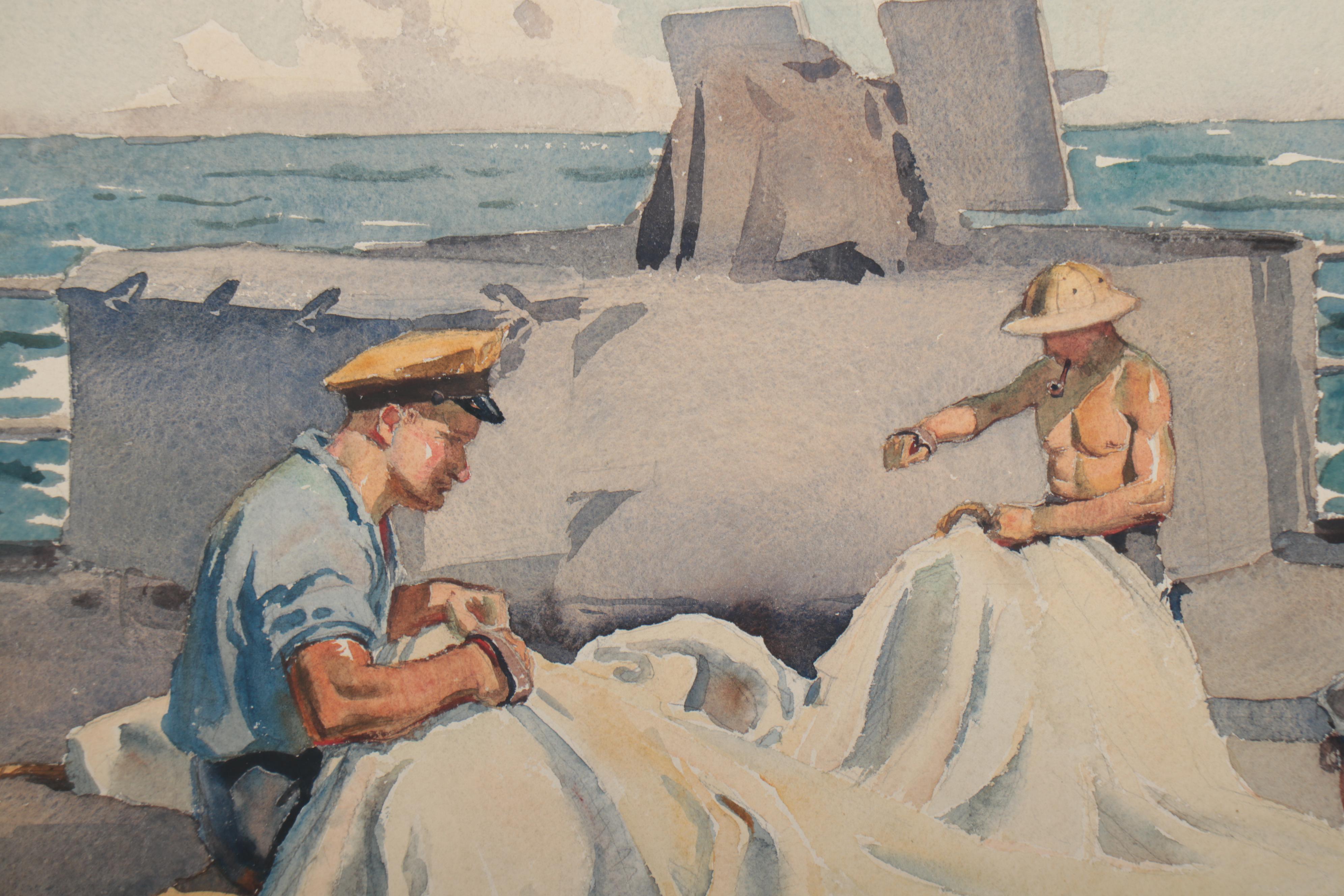 Edmond J. Fitzgerald Watercolor Painting "Board Ship WWII," 1945