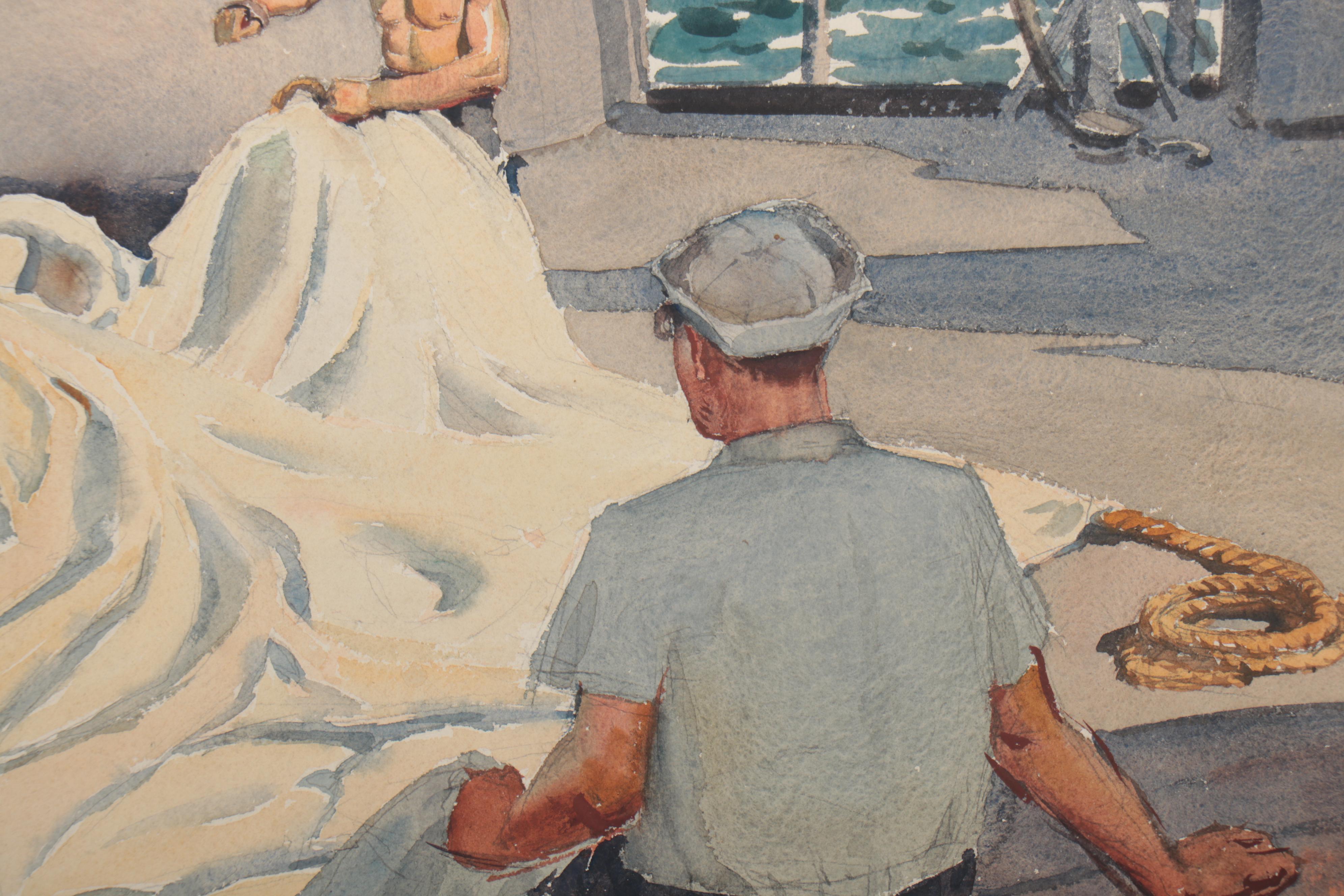 Edmond J. Fitzgerald Watercolor Painting "Board Ship WWII," 1945