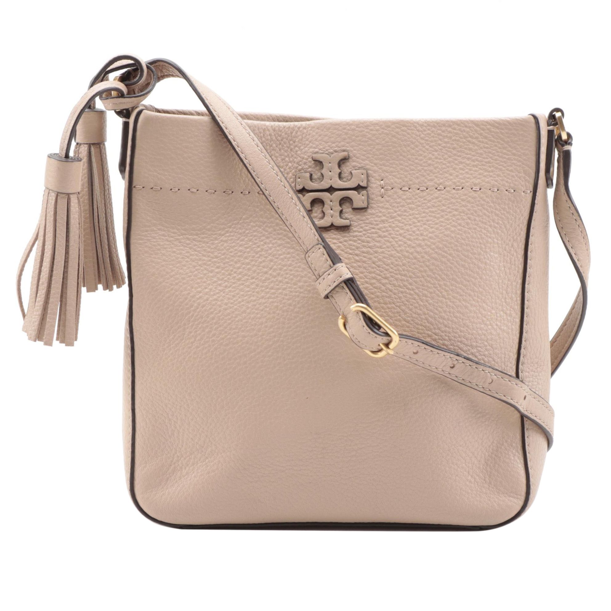 Tory Burch McGraw Swingpack Tassel Crossbody Bag in Taupe Pebble Grain Leather
