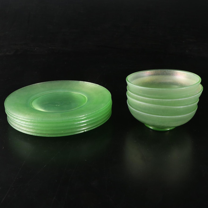 Northwood Iridescent Stretch Glass Plates and Bowls, Early to Mid-20th Century