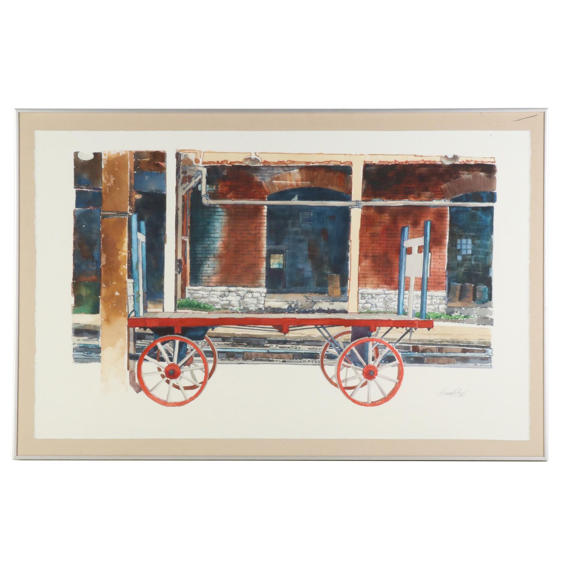 Amos G. Gott Watercolor Painting "Lost Baggage Cart," Late 20th Century
