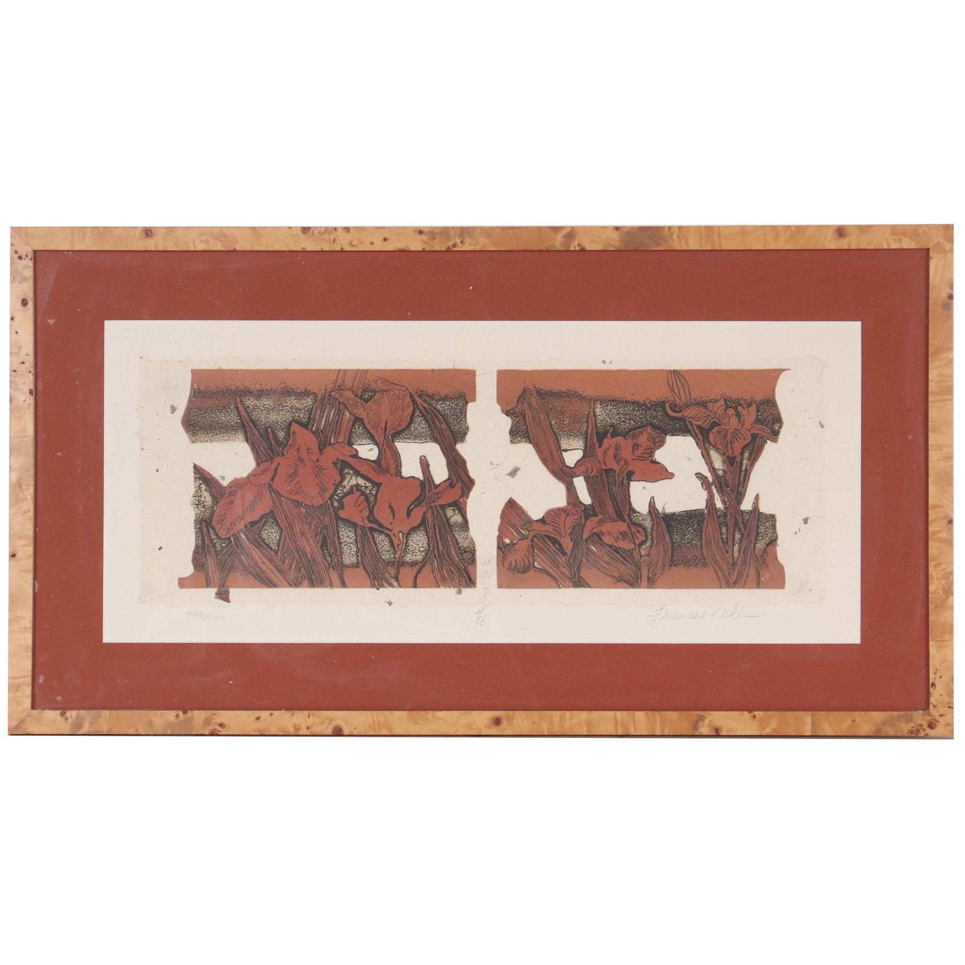 Frances Vella Embossed Color Etching "Irises," Late 20th Century