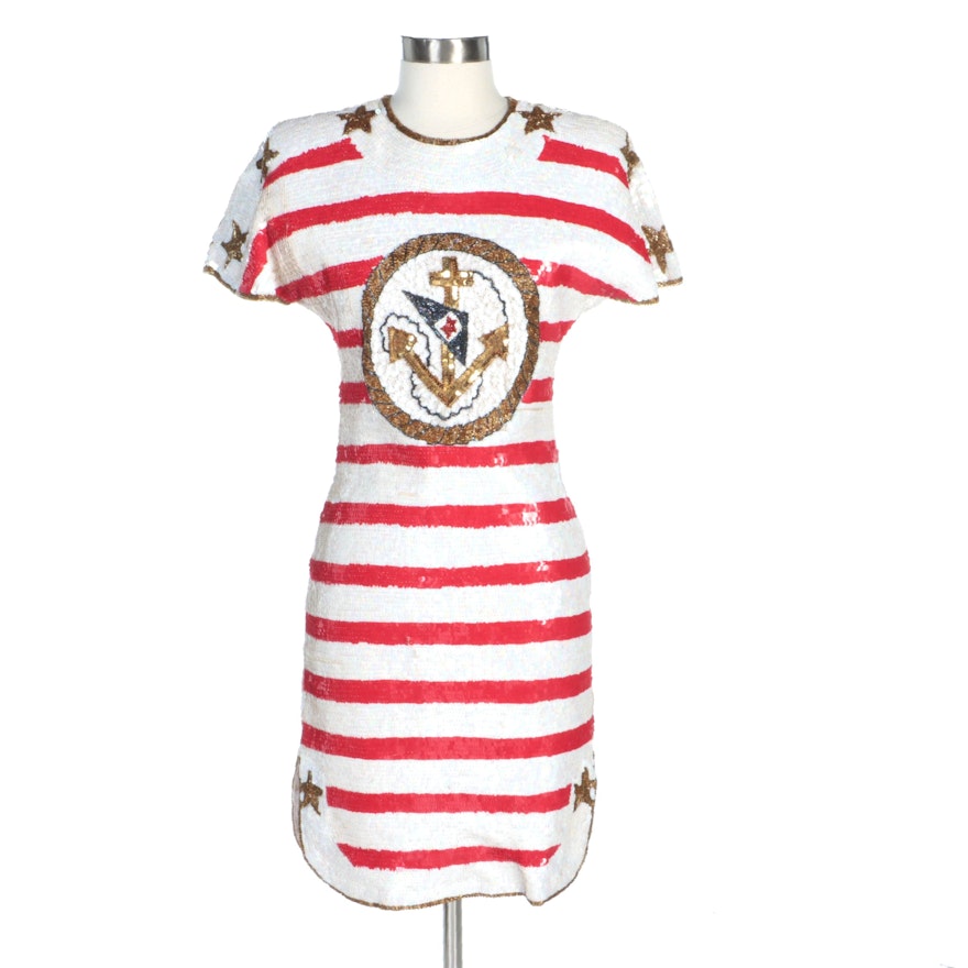 Laurence Kazar Sequined Silk Dress in Nautical Stars and Stripes Motif
