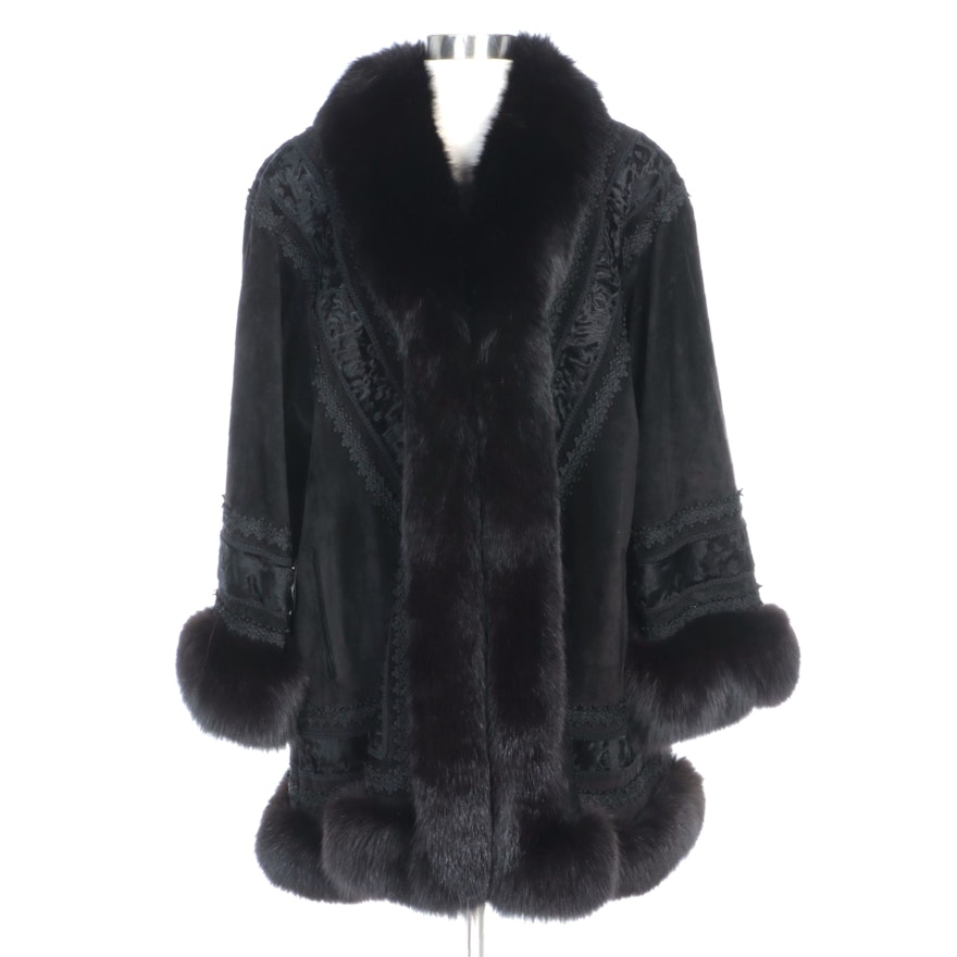 Lady Napoleon Fox and Swakara Fur Trimmed Black Suede Coat