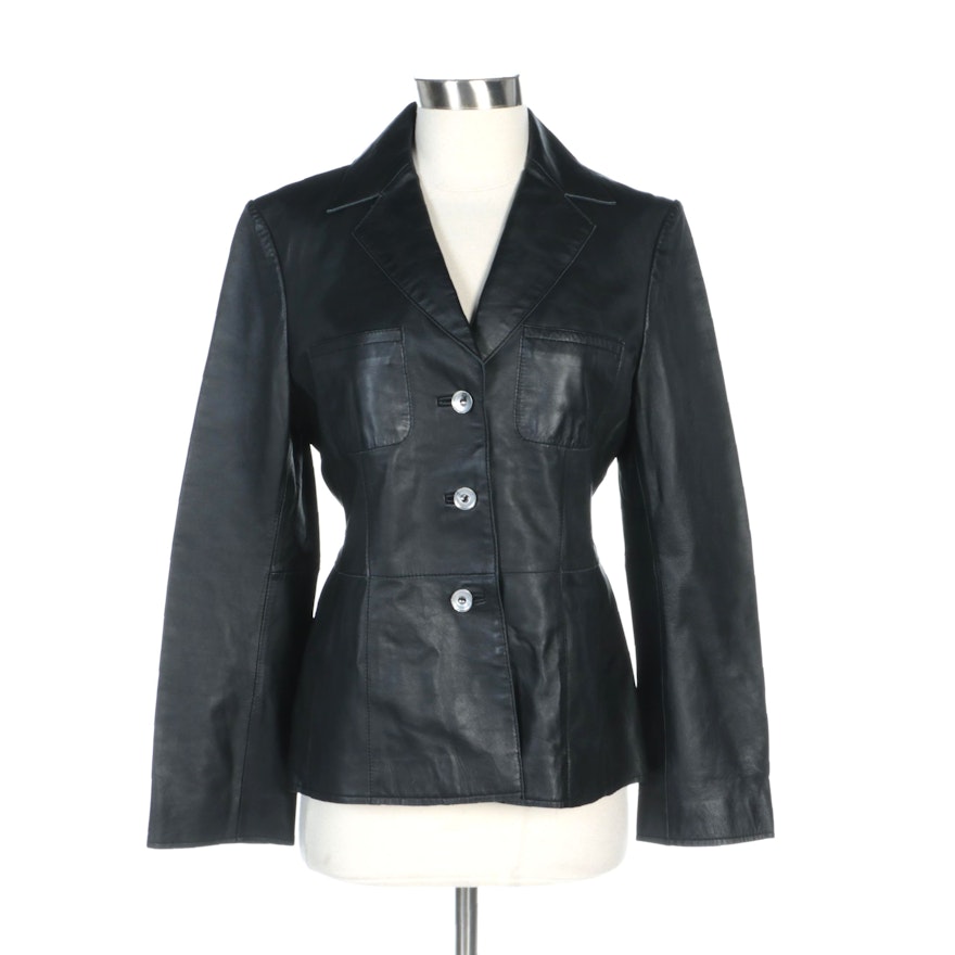 Philippe Adec Black Leather Button-Front Jacket