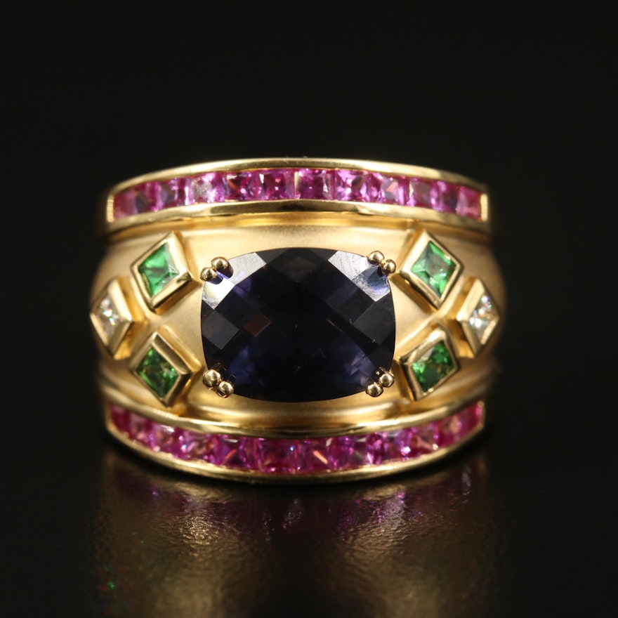 14K Iolite, Tsavorite, Diamond and Sapphire Ring