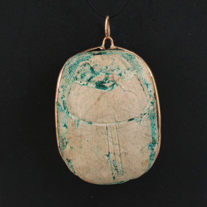 Vintage 14K Faience Scarab Pendant