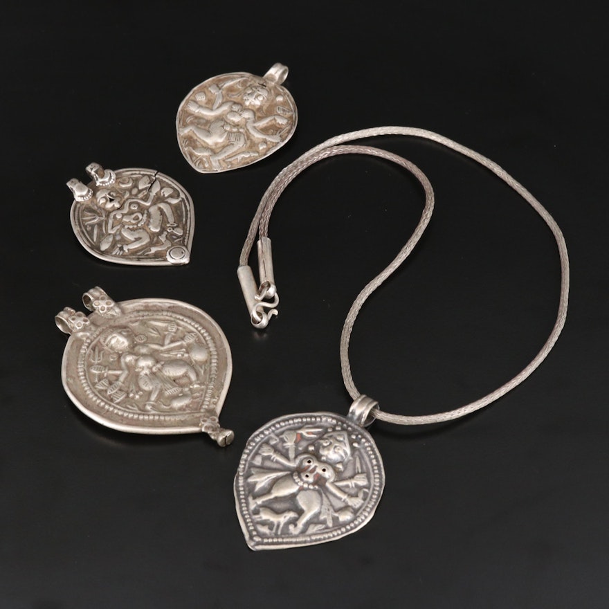 Rajasthani Bhairava Amulet Pendants and Necklace with Sterling and 800 Silver