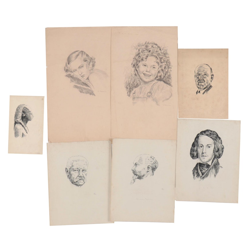Gerhard Kramer Ink and Pastel Portraits Including Shirley Temple
