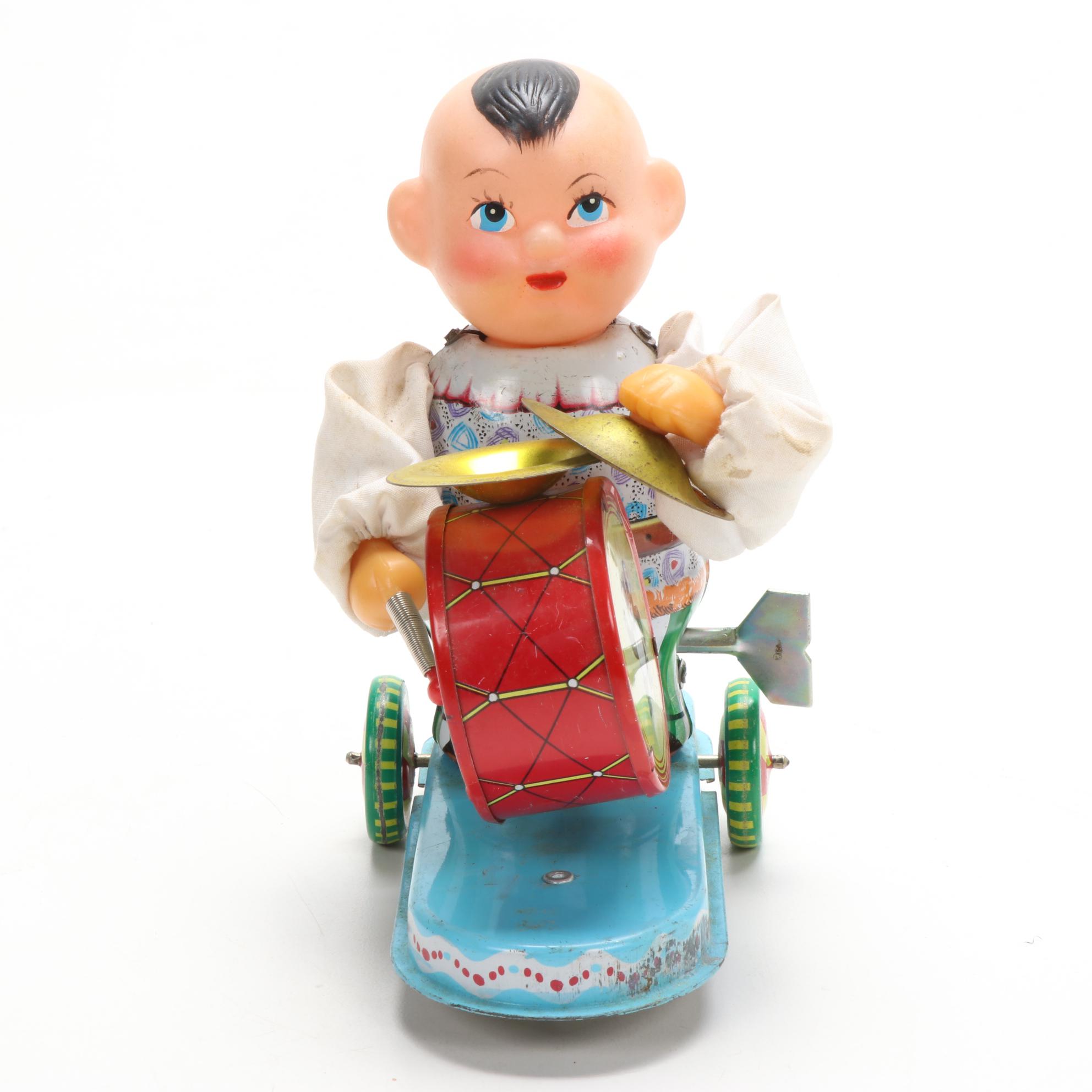 Clockwork "Child Beating Drum" Tin Litho Wind-up Toy