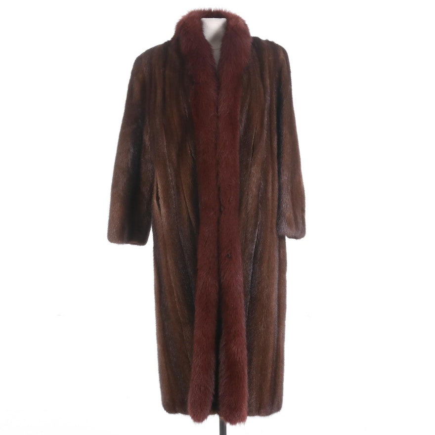 Robert Sidney for Giorgio Sant' Angelo Mahogany Mink Fur Coat with Fox Fur Trim